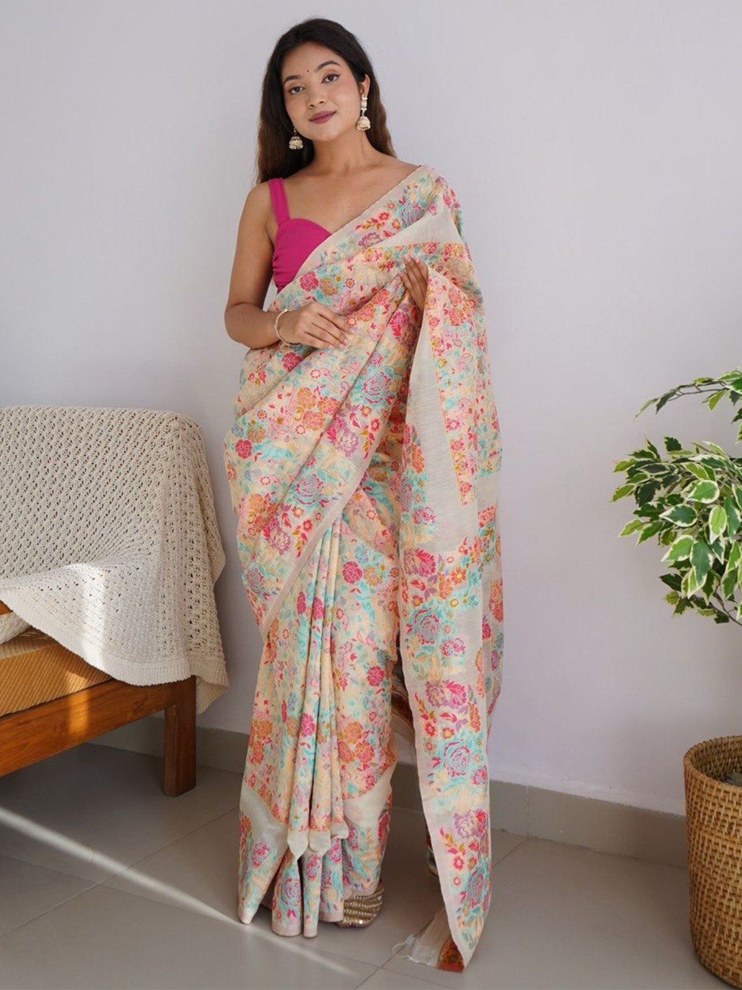 

Mitera Off White & Blue Floral Woven Design Zari Art Silk Saree