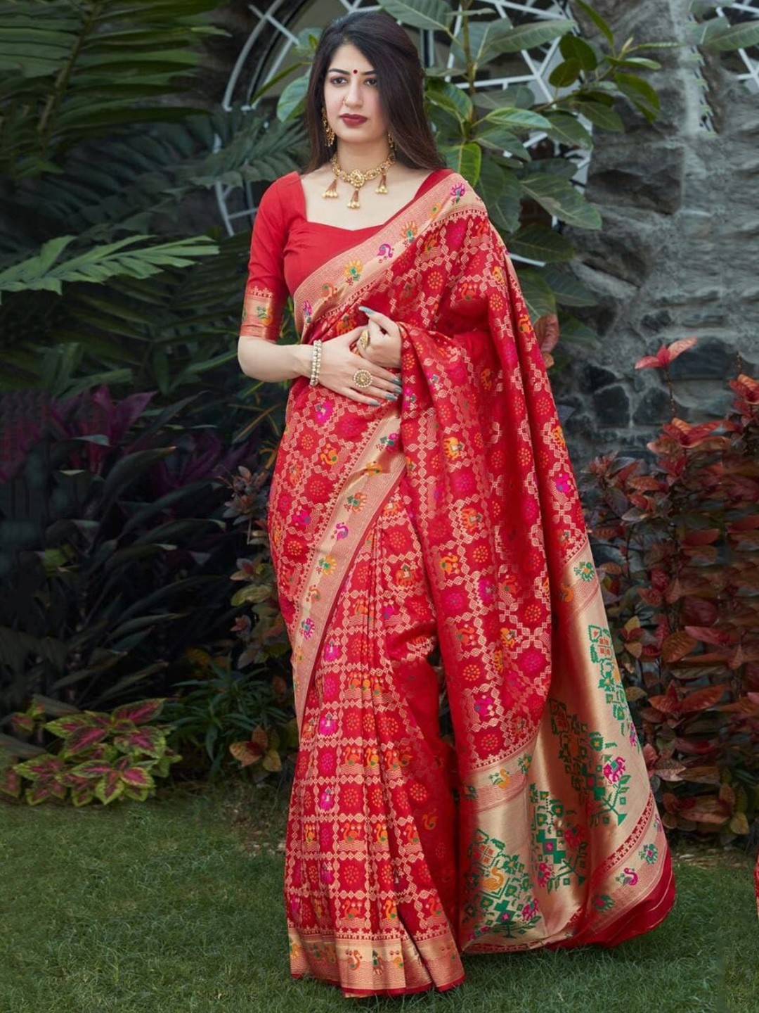 

Mitera Red & Gold Toned Ethnic Motifs Woven Design Zari Art Silk Saree