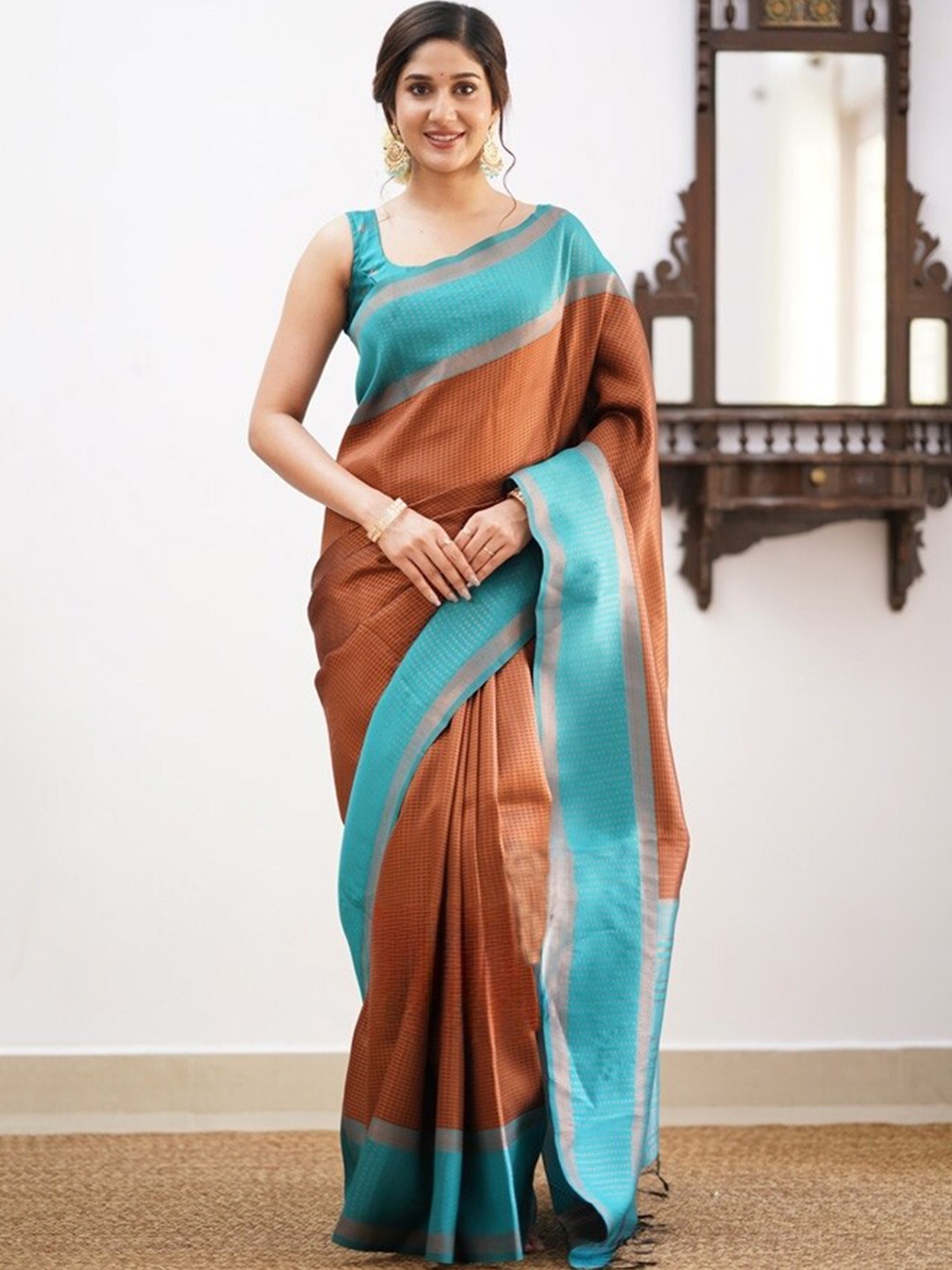

Mitera Coffee Brown & Blue Ethnic Motifs Woven Design Zari Art Silk Saree