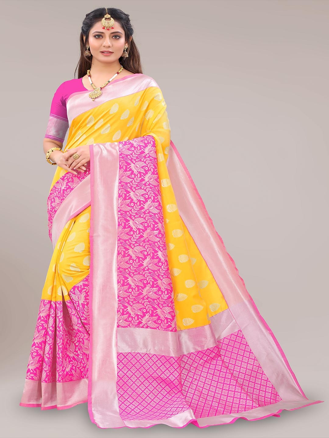 

Mitera Yellow & Pink Floral Woven Design Zari Saree