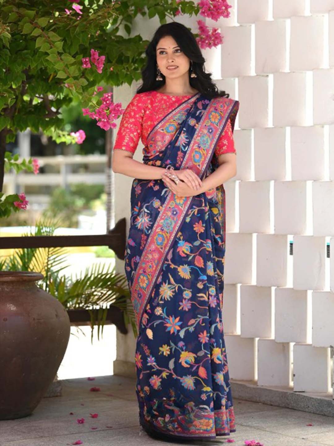 

Mitera Blue & Gold-Toned Ethnic Motifs Woven Design Art Silk Saree
