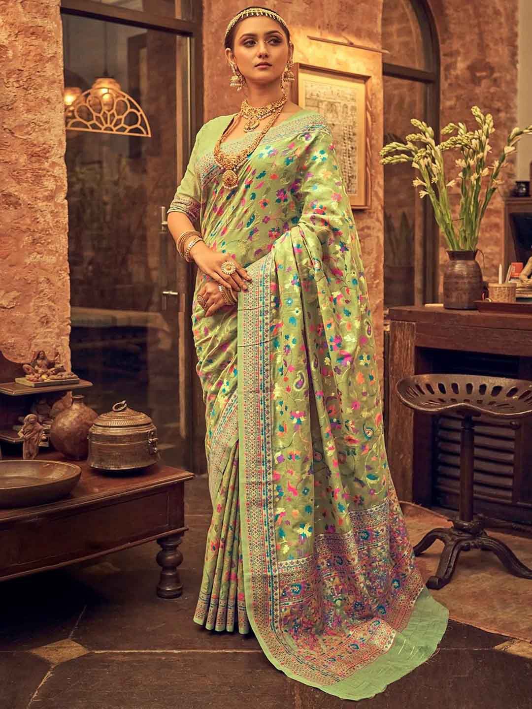 

Mitera Green & Pink Ethnic Motifs Woven Design Art Silk Saree