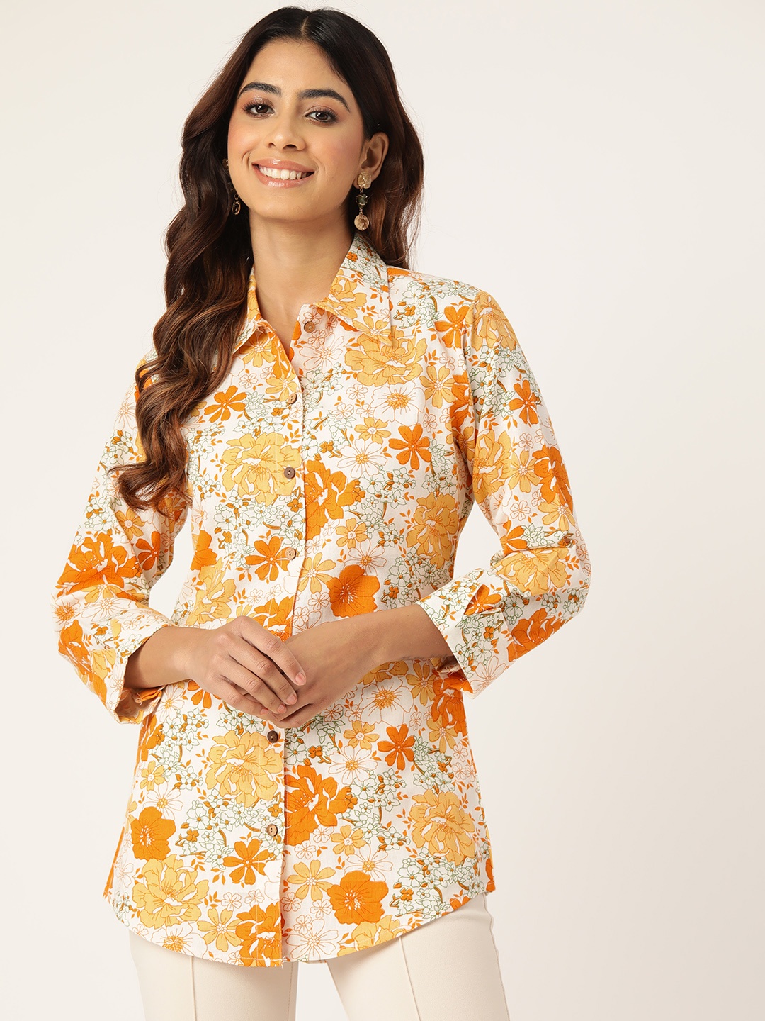 

Molcha Women Contemporary Floral Printed Casual Shirt, White