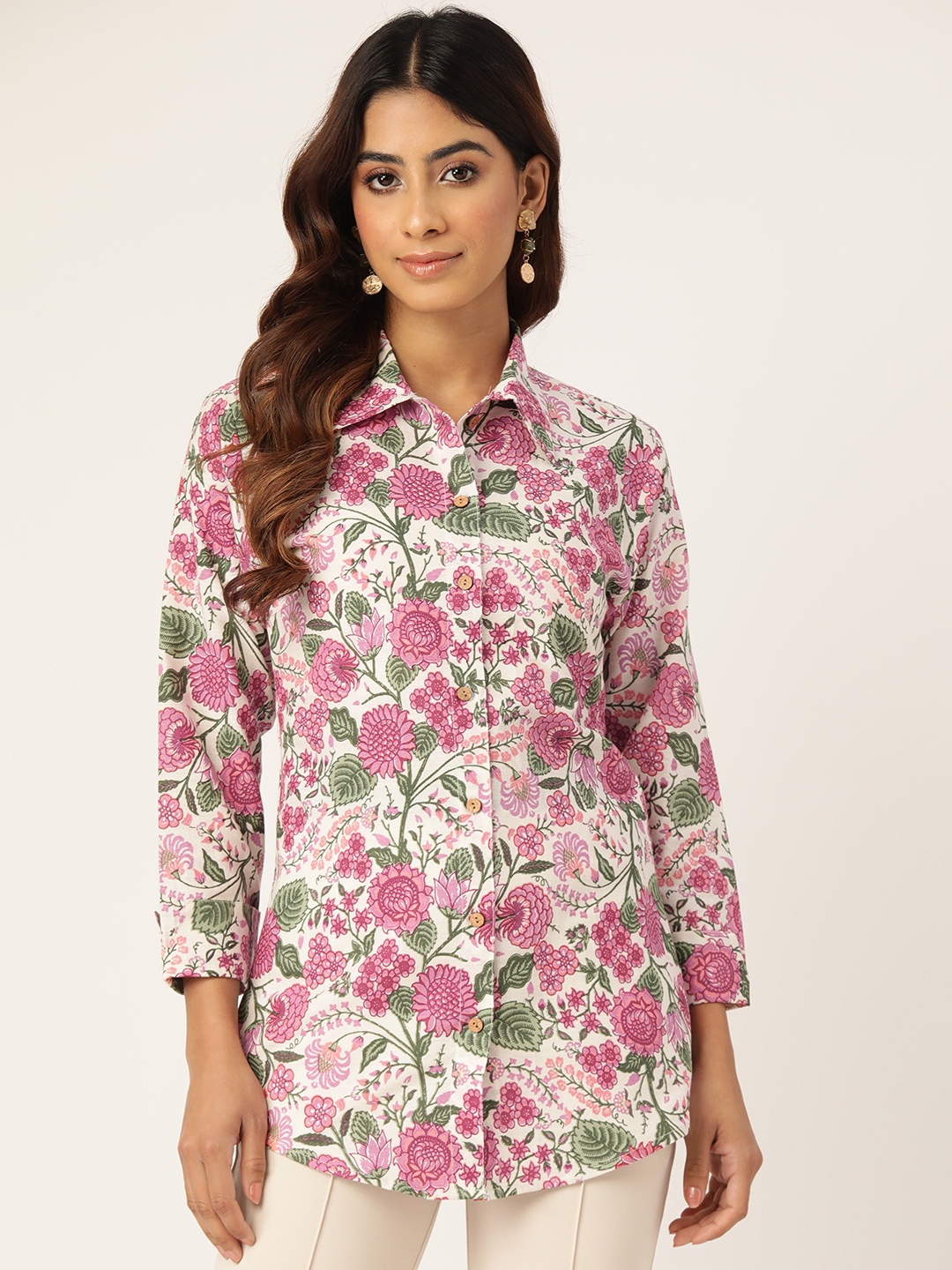

Molcha Women Contemporary Floral Printed Casual Shirt, Pink