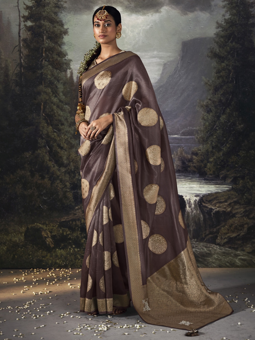 

Mitera Violet & Gold Toned Ethnic Motifs Zari Banarasi Saree
