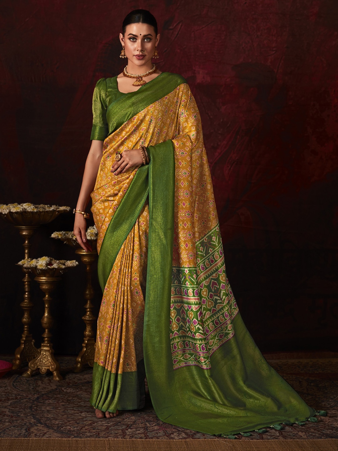 

Mitera Mustard & Green Woven Design Zari Silk Pochampally Saree