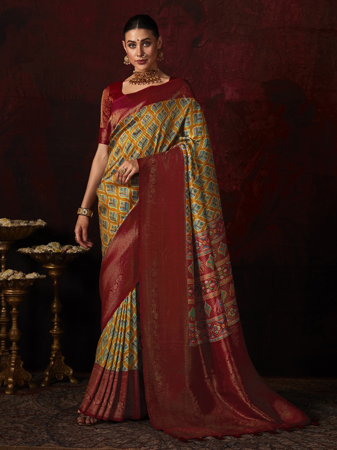

Mitera Mustard & Maroon Ethnic Motifs Zari Silk Pochampally Saree