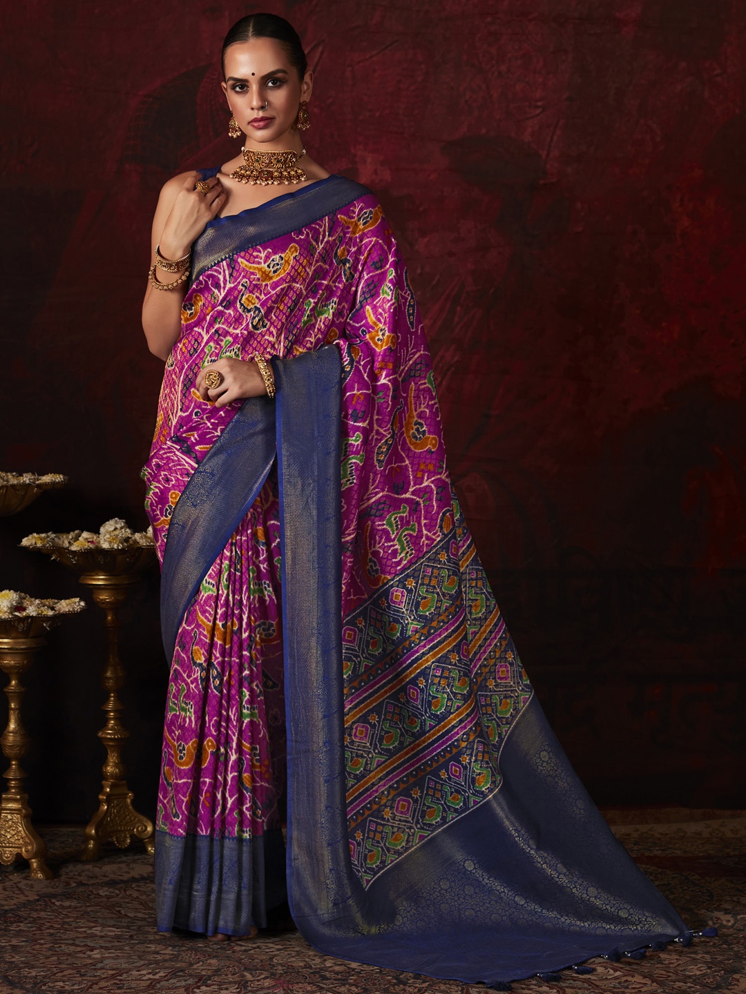 

Mitera Pink & Blue Woven Design Zari Silk Pochampally Saree