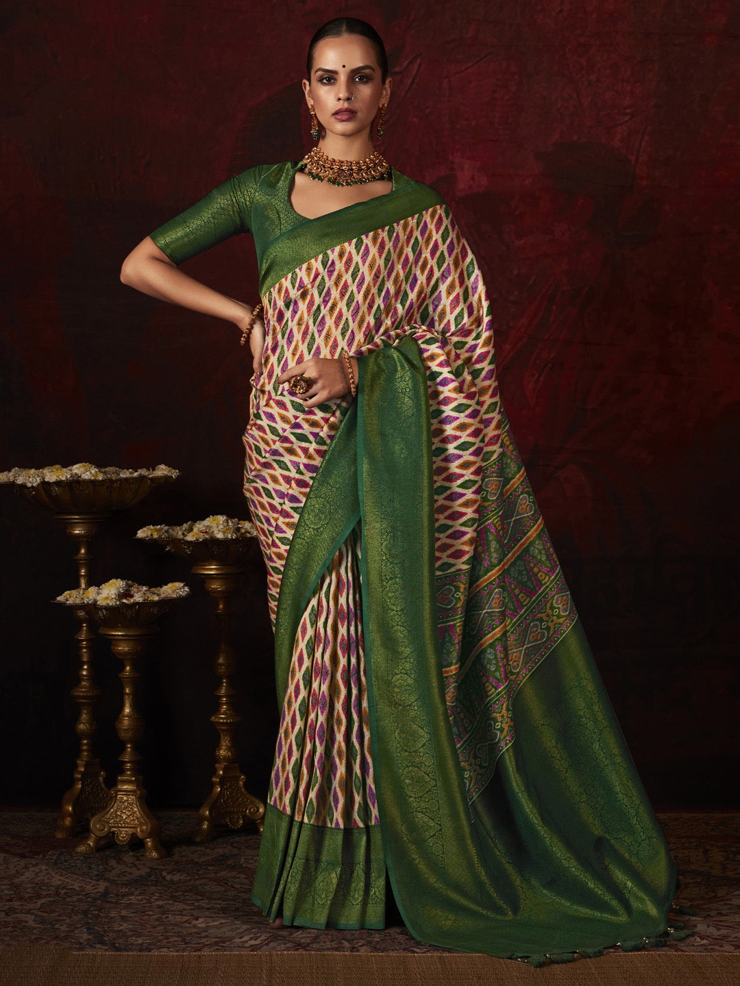 

Mitera Beige & Green Geometric Zari Silk Pochampally Saree