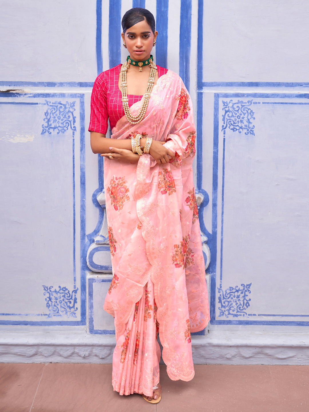 

Mitera Pink & Green Floral Embroidered Organza Saree
