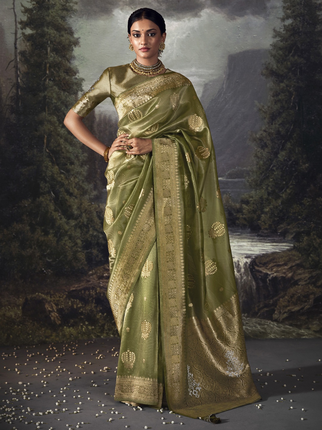 

Mitera Olive Green & Gold-Toned Ethnic Motifs Woven Design Tissue Banarasi Saree