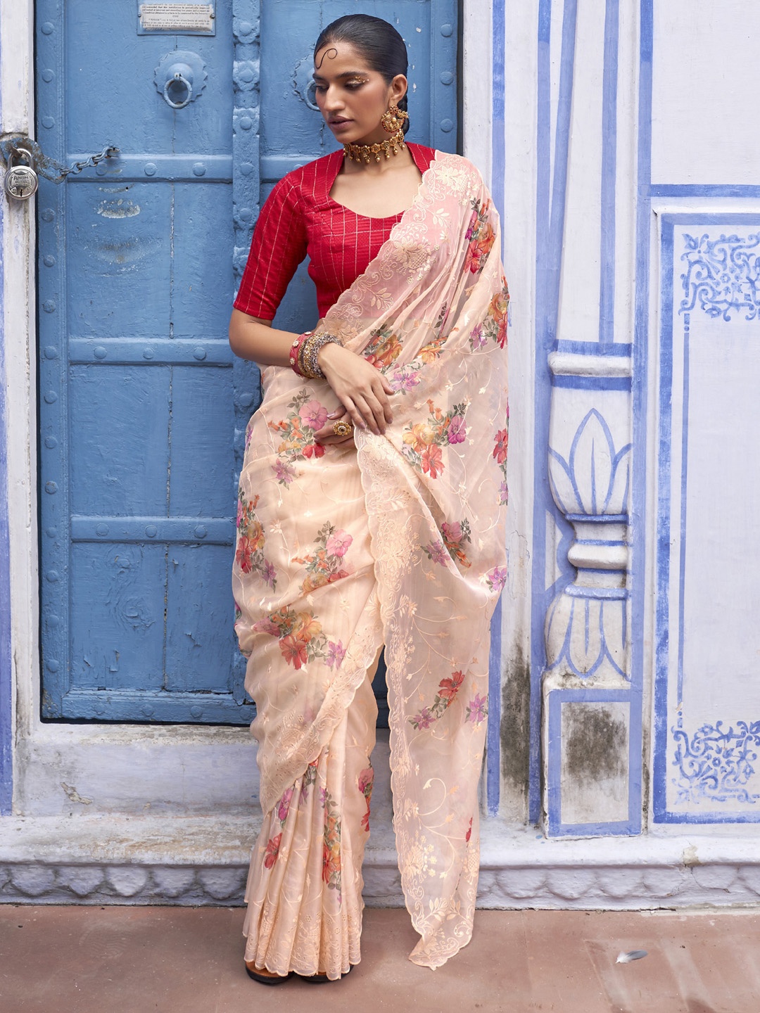 

Mitera Peach & Red Floral Embroidered Organza Saree