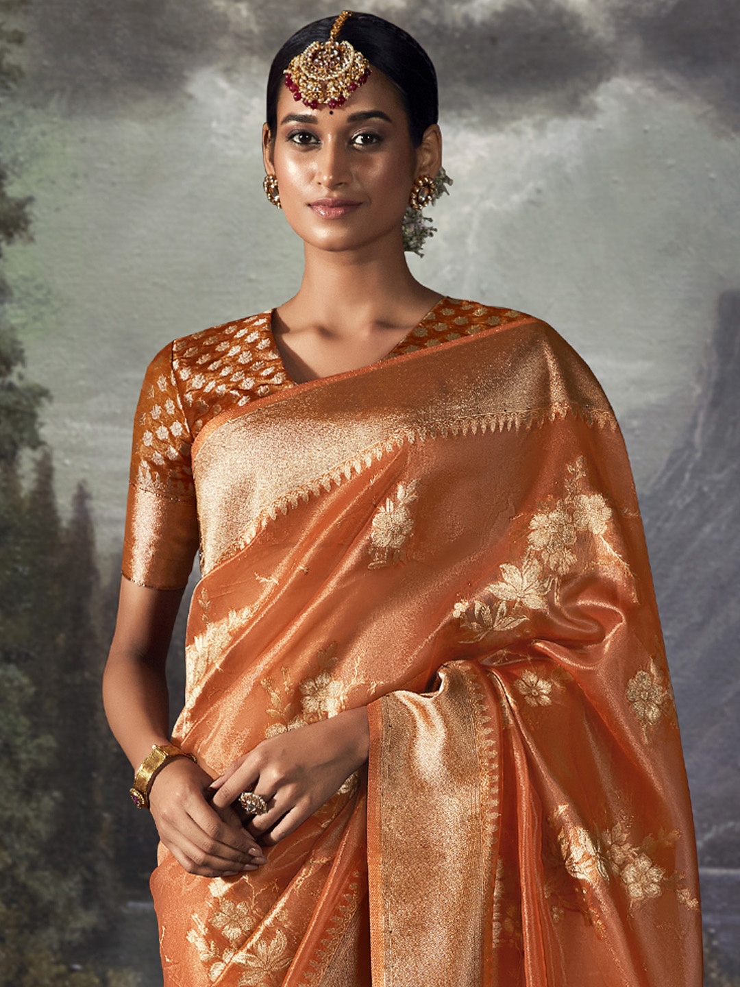 

Mitera Orange & Gold-Toned Woven Design Zari Tissue Banarasi Saree
