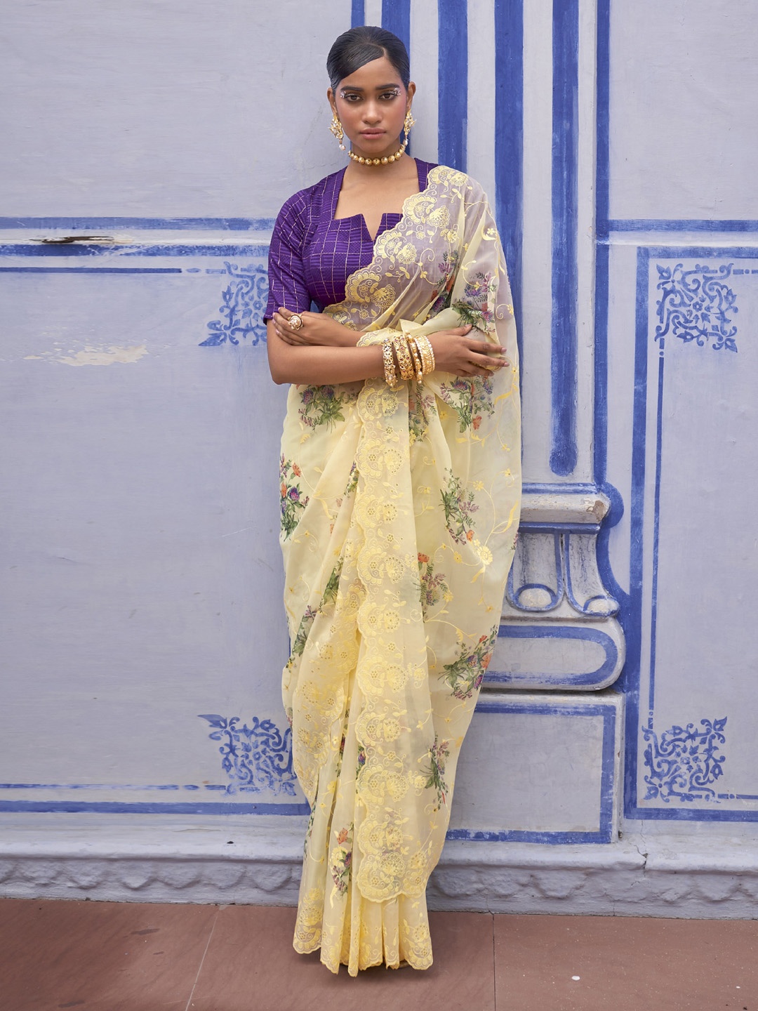 

Mitera Yellow & Purple Floral Embroidered Organza Saree