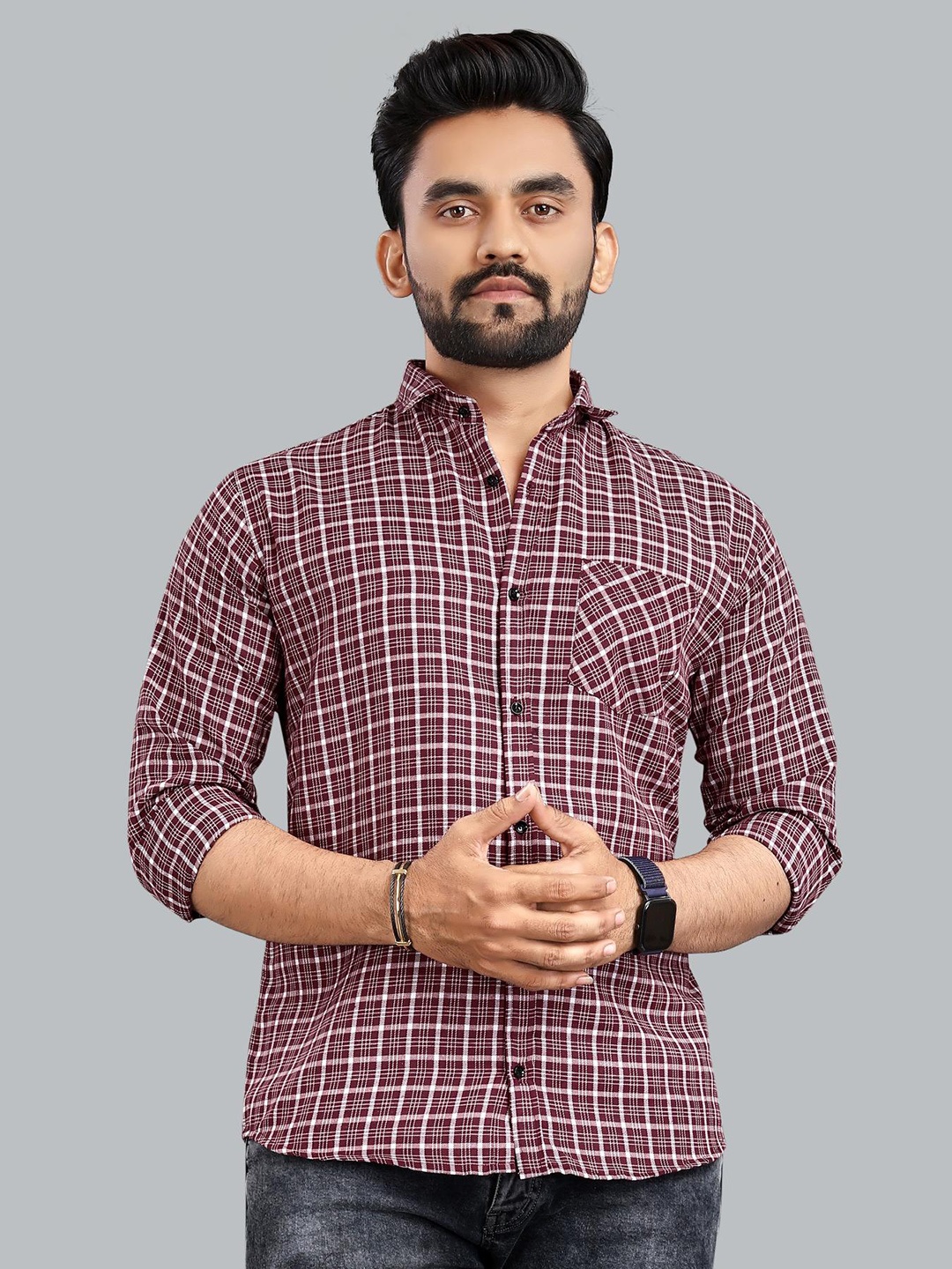 

ADWYN PETER Checked Spread Collar Opaque Casual Shirt, Maroon