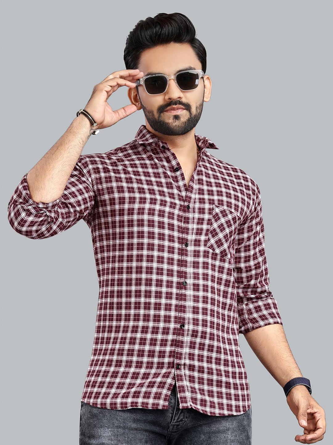 

ADWYN PETER Gingham Checked Pure Cotton Casual Shirt, Maroon