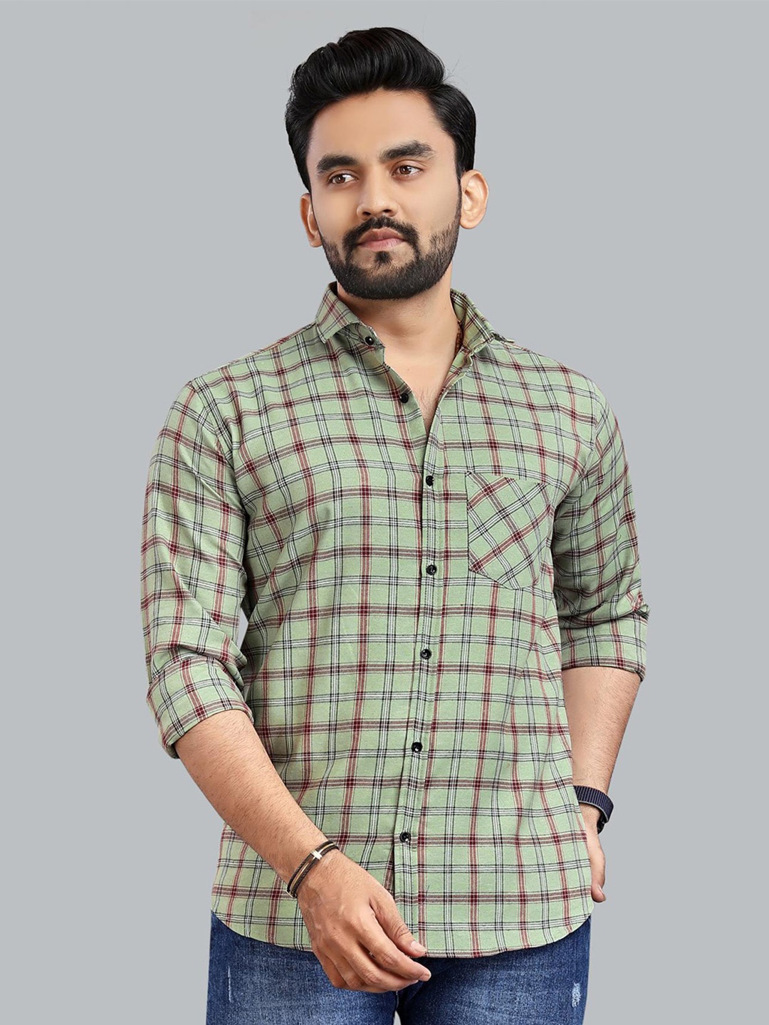 

ADWYN PETER Tartan Checked Pure Cotton Casual Shirt, Green