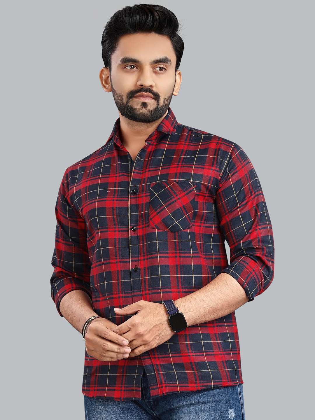 

ADWYN PETER New Fit Tartan Checked Long Sleeves Casual Shirt, Navy blue