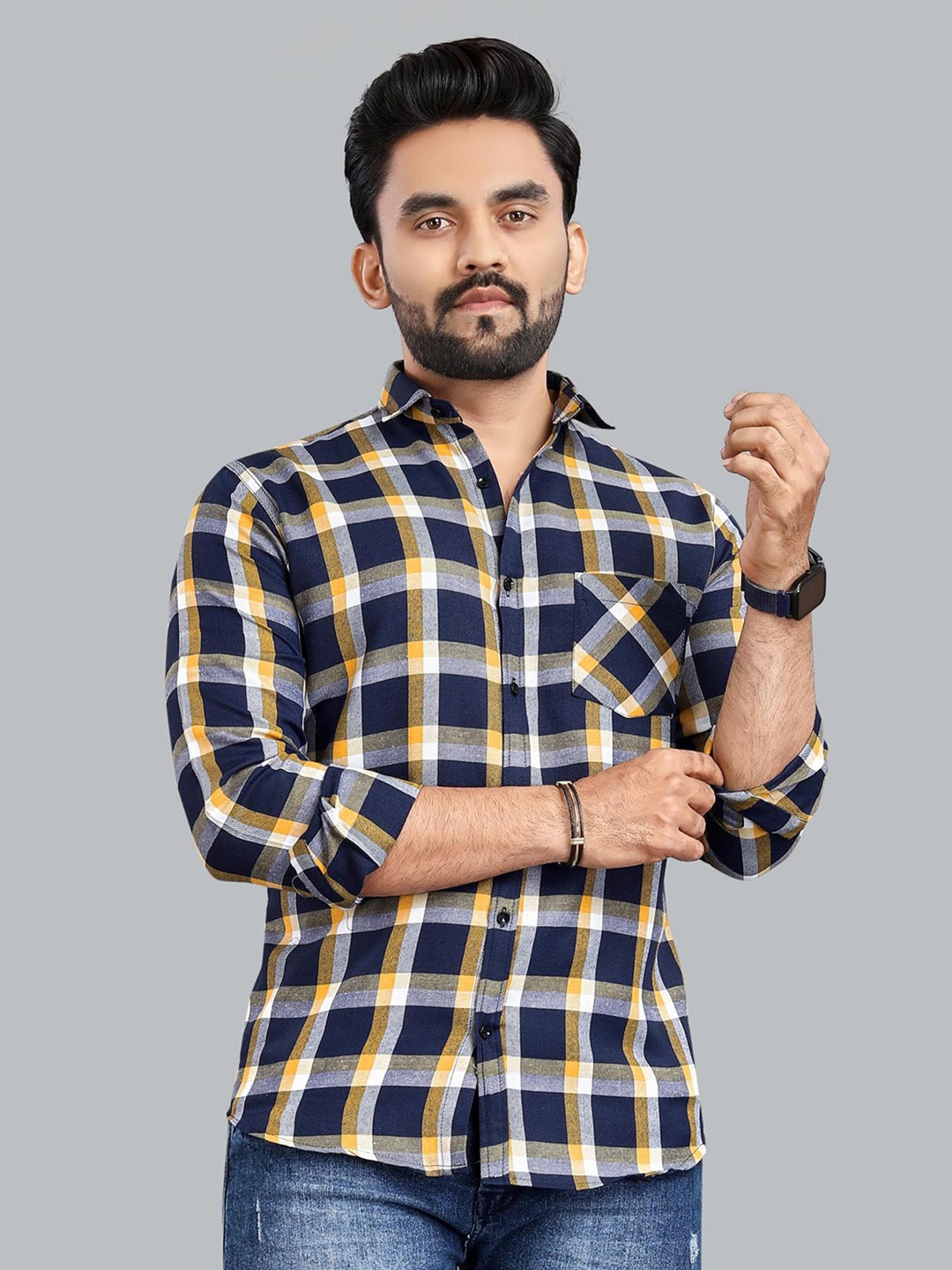 

ADWYN PETER New Checked Long Sleeves Casual Shirt, Navy blue