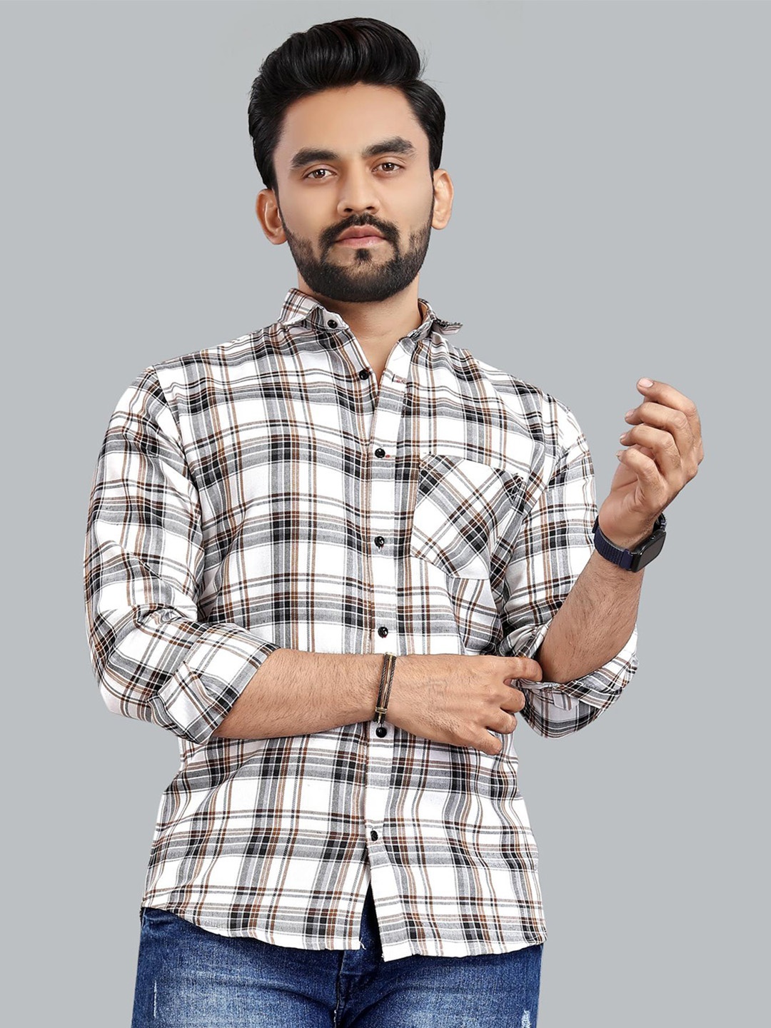 

ADWYN PETER New Tartan Checked Long Sleeves Casual Shirt, White