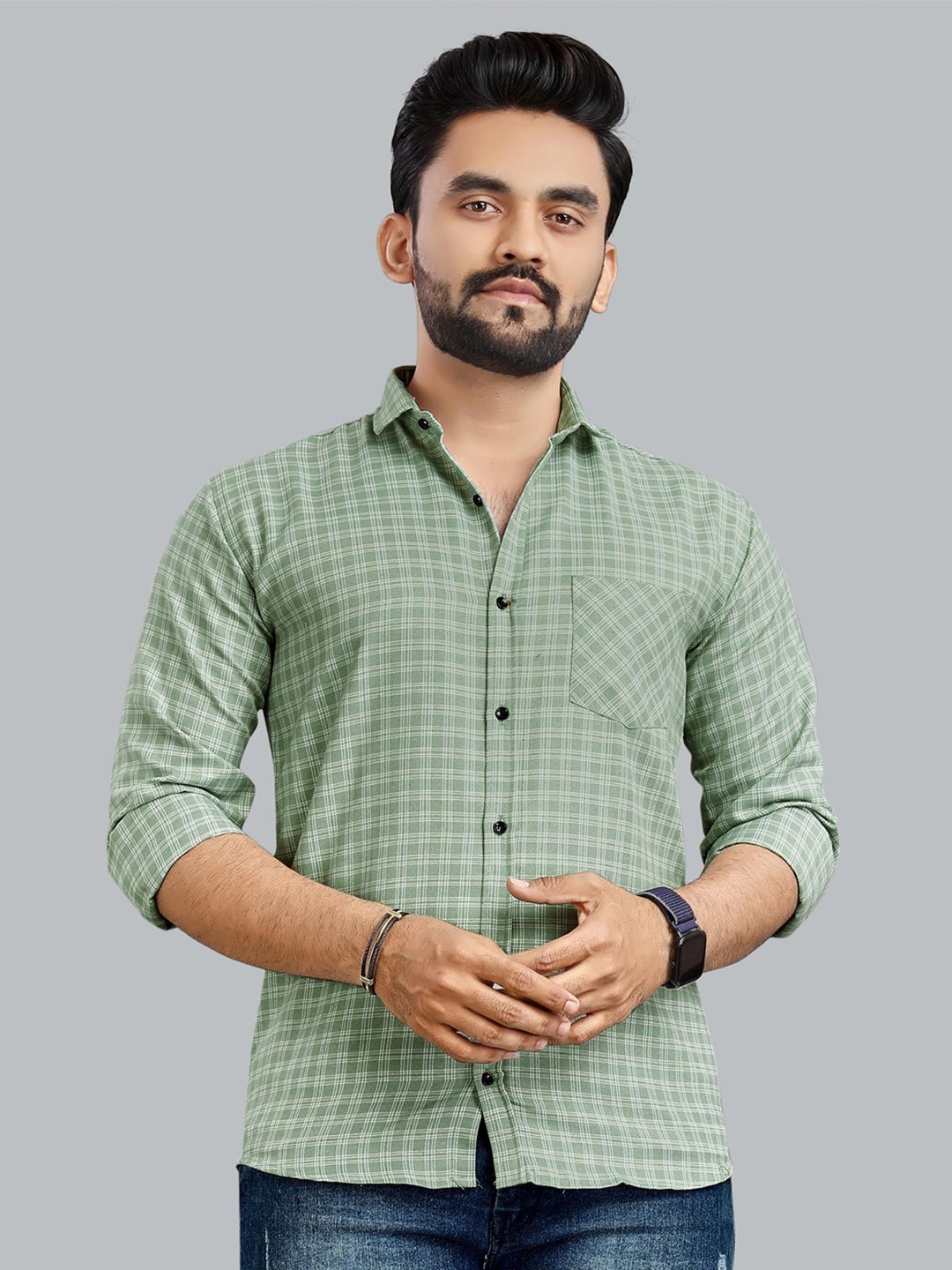 

ADWYN PETER Grid Tattersall Checked Pure Cotton Casual Shirt, Green