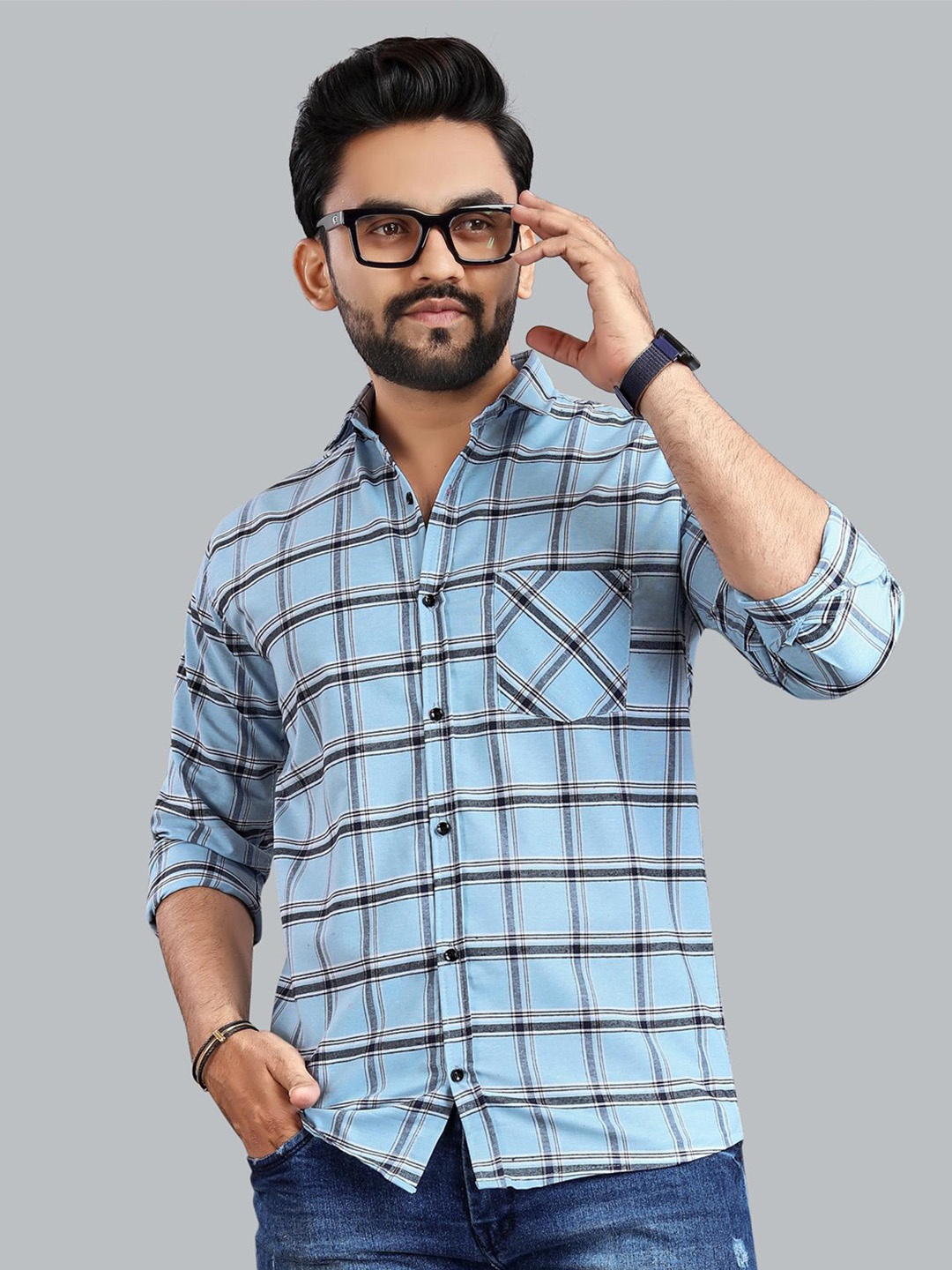 

ADWYN PETER New Windowpane Checked Long Sleeves Casual Shirt, Blue