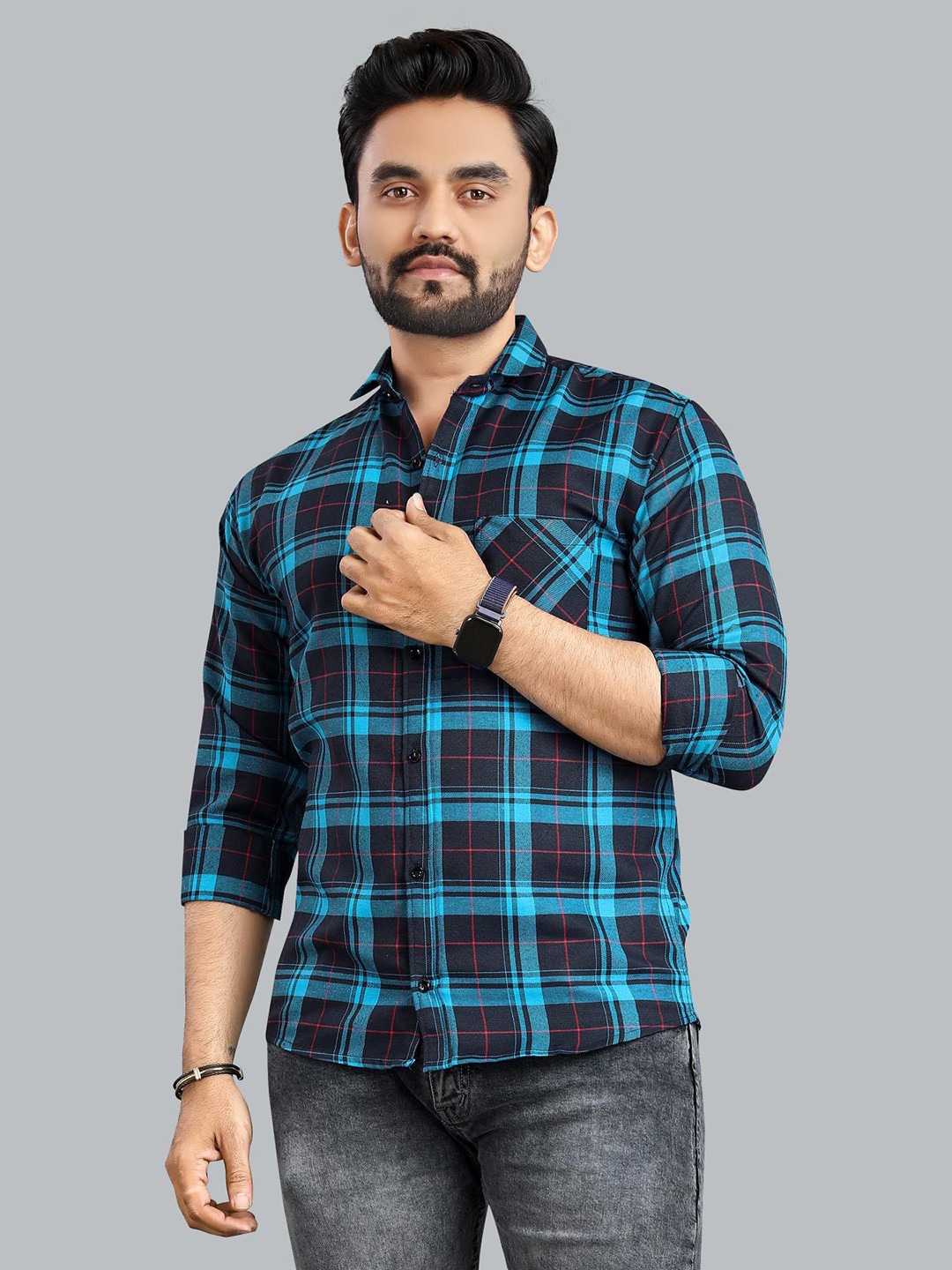 

ADWYN PETER New Fit Tartan Checks Long Sleeves Casual Shirt, Blue