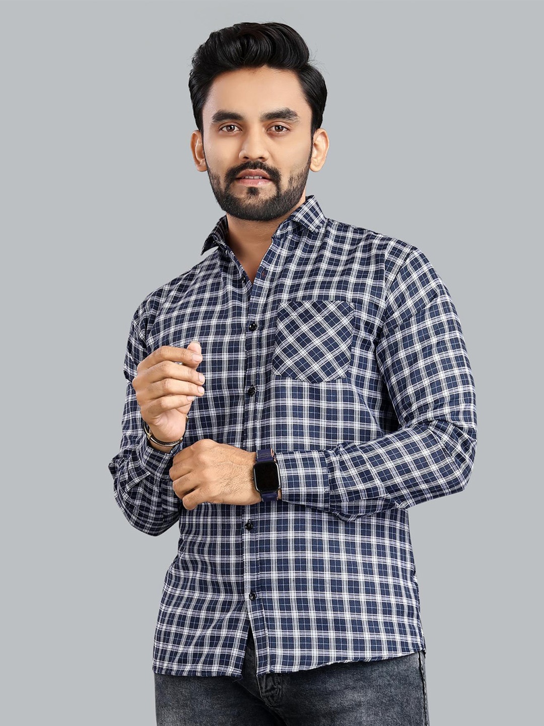 

ADWYN PETER New Checked Long Sleeves Casual Shirt, Navy blue