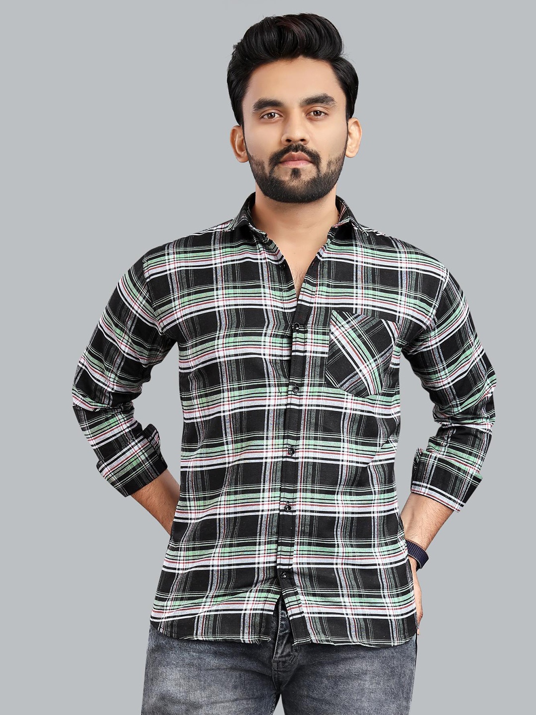 

ADWYN PETER New Fit Tartan Checked Long Sleeves Casual Shirt, Black