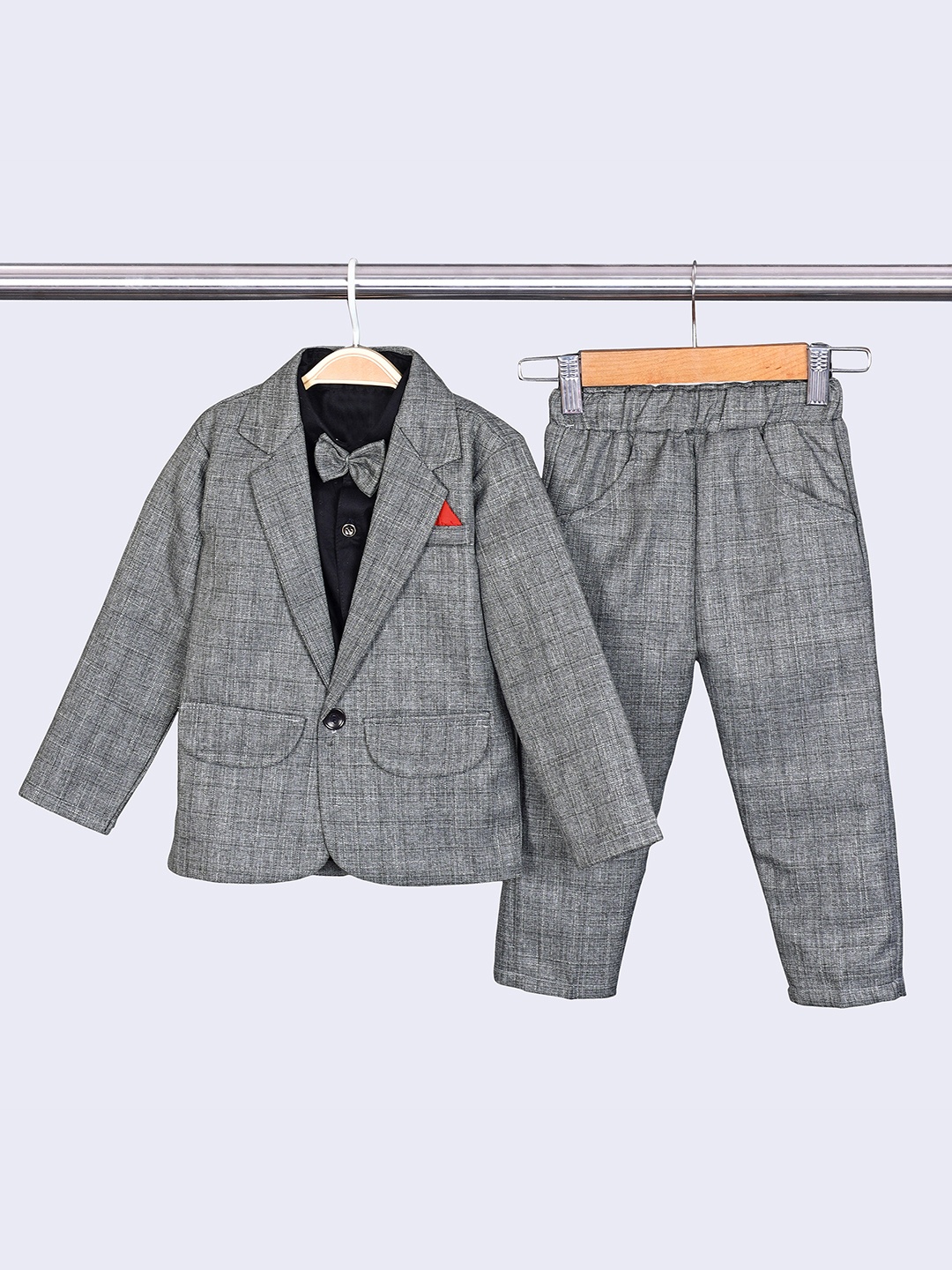 

BAESD Boys Checked Notched Lapel 3 Piece Suit With Bow, Grey