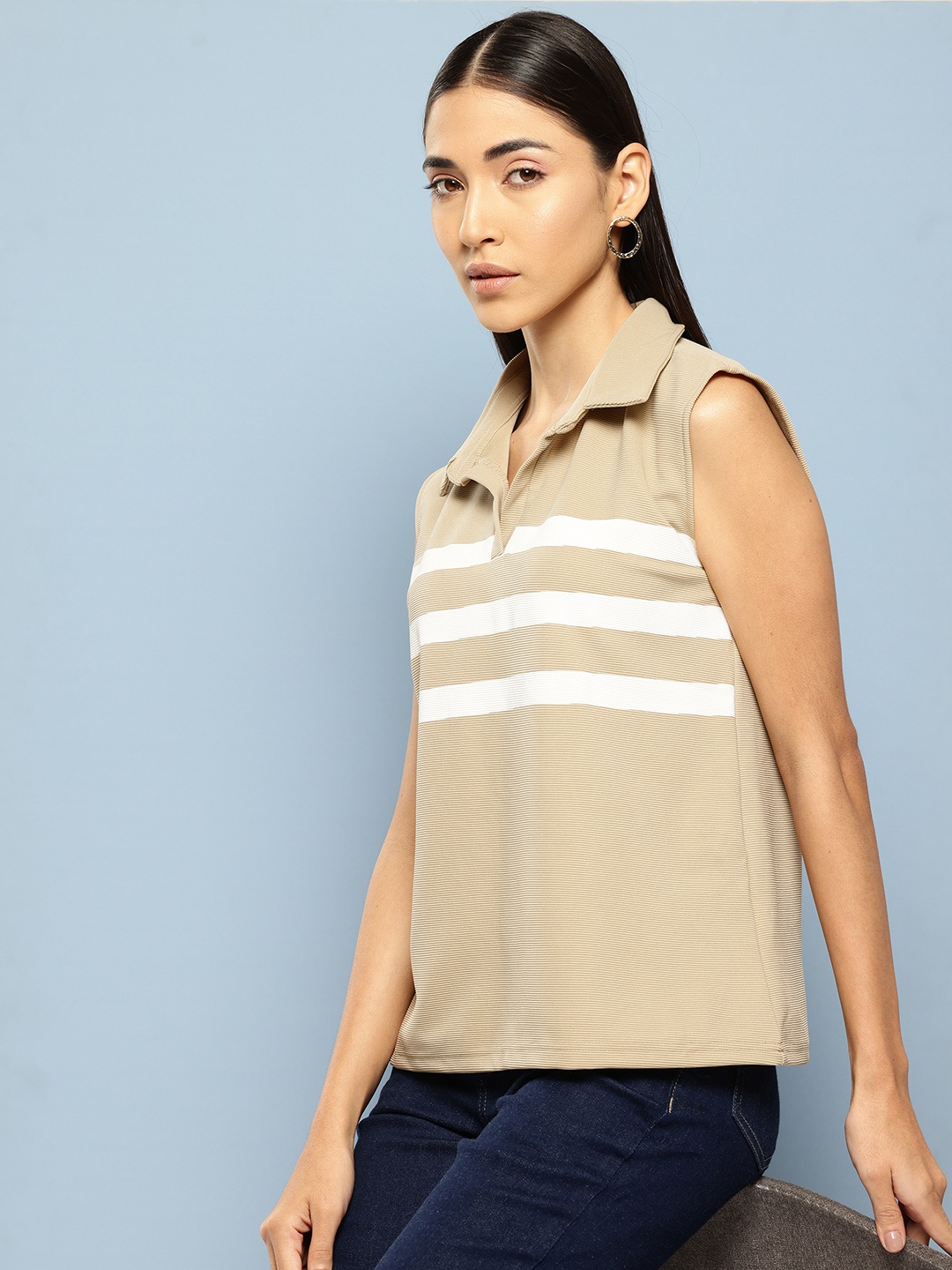 

Chemistry Striped Polo Collar Sleeveless T-shirt, Beige