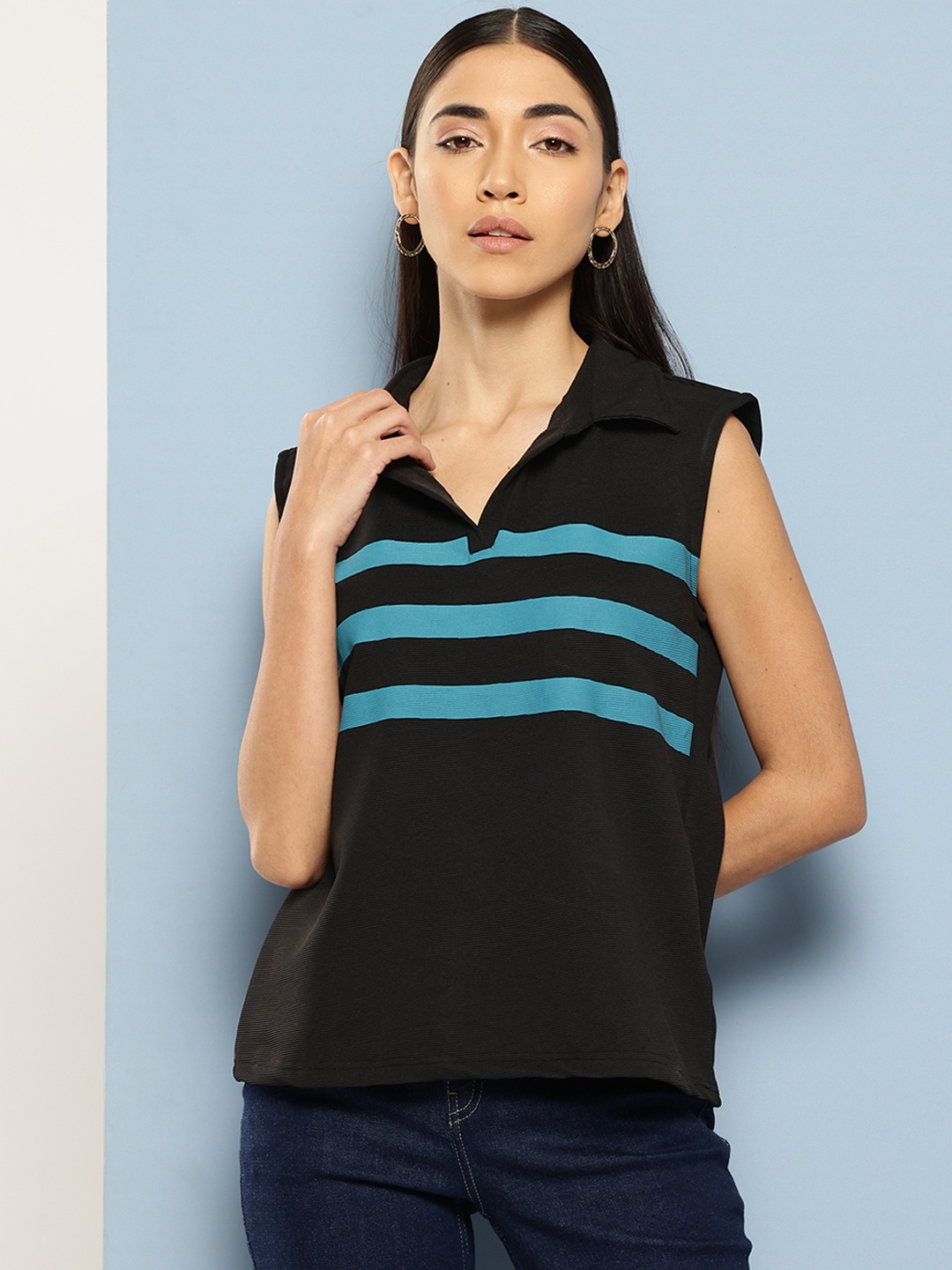 

Chemistry Striped Polo Collar Sleeveless T-shirt, Black