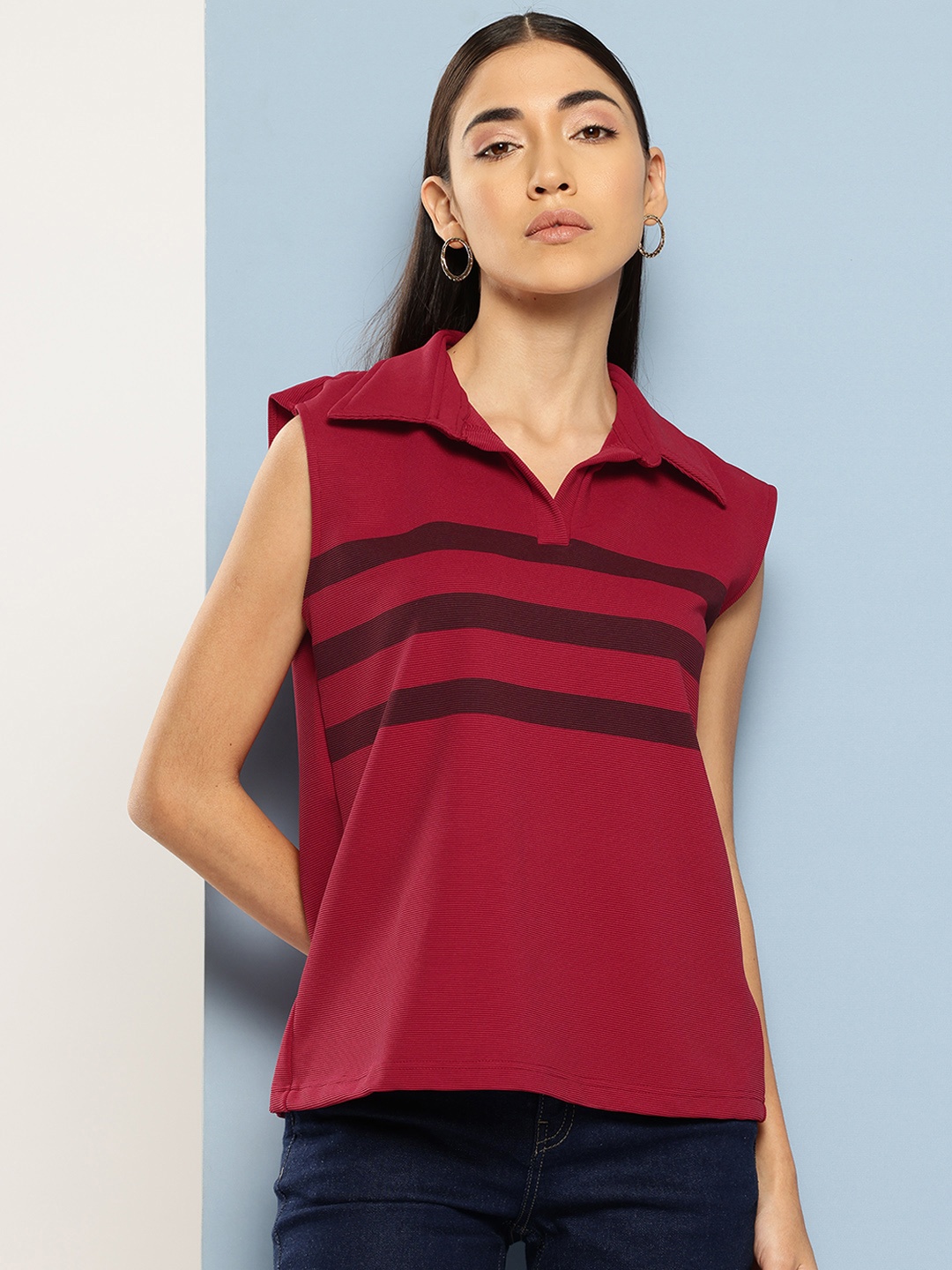 

Chemistry Striped Polo Collar Sleeveless T-shirt, Maroon