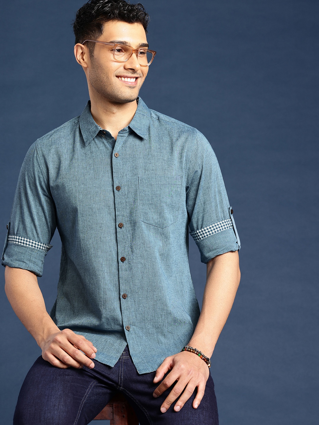 Taavi Opaque Roll-Up Sleeve Pure Cotton Woven Legacy Casual Shirt, Blue