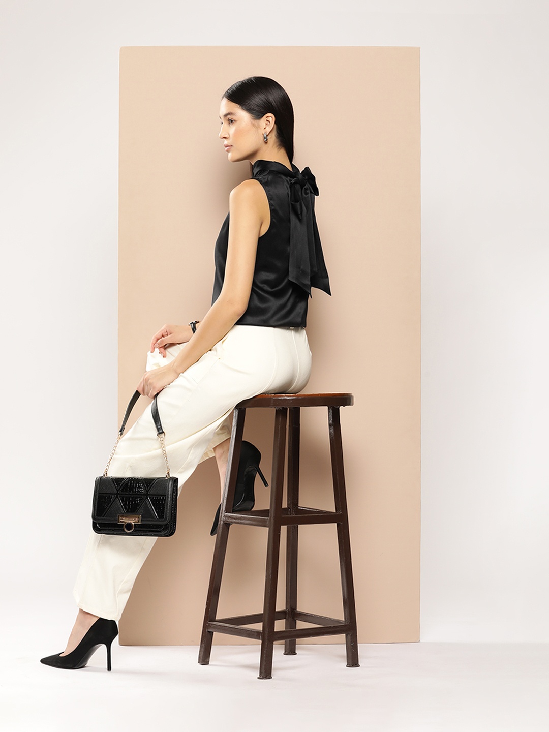 

Chemistry Satin Finish Tie-Up Back Top, Black