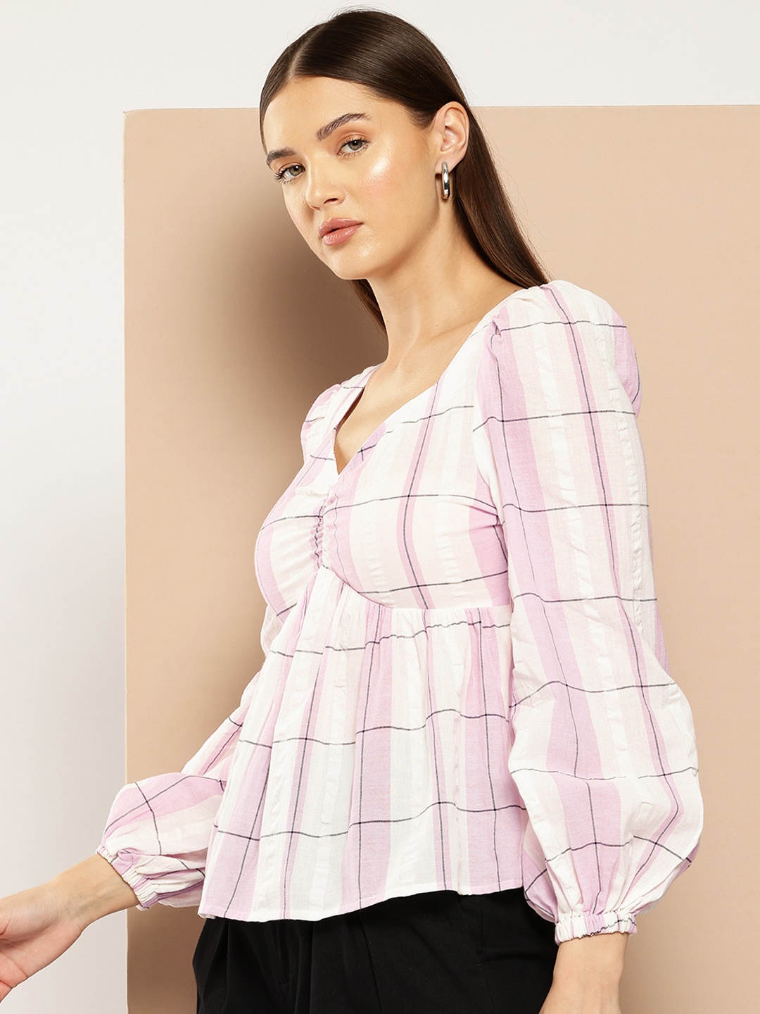 

Chemistry Checked Pure Cotton Empire Top, Pink