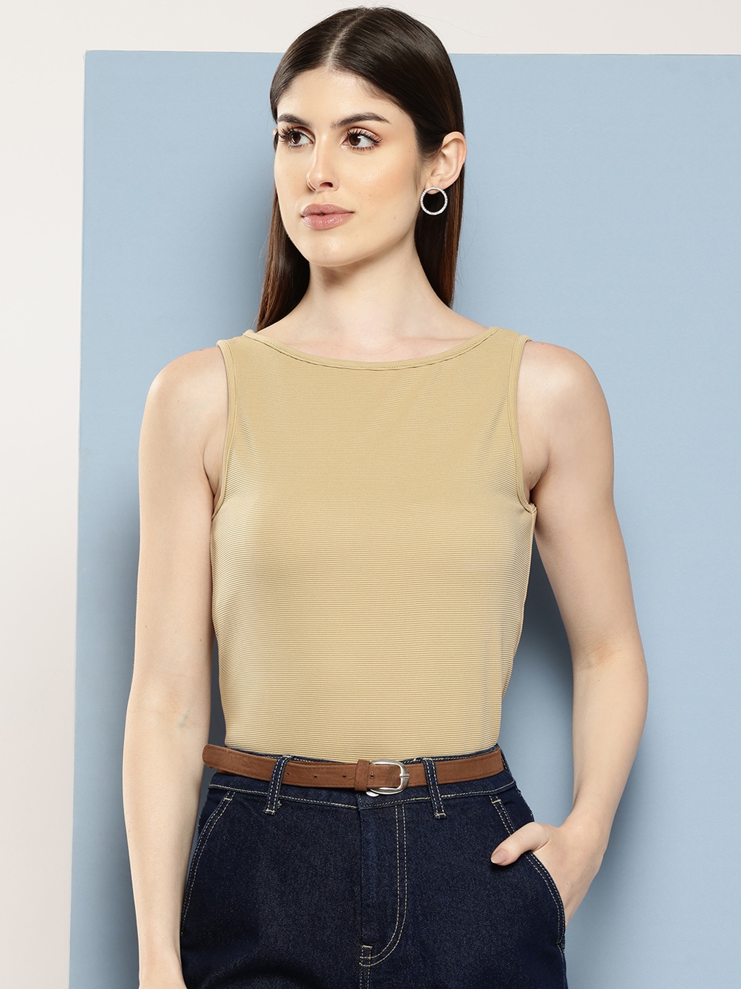 

Chemistry Ribbed Boat Neck Top, Beige
