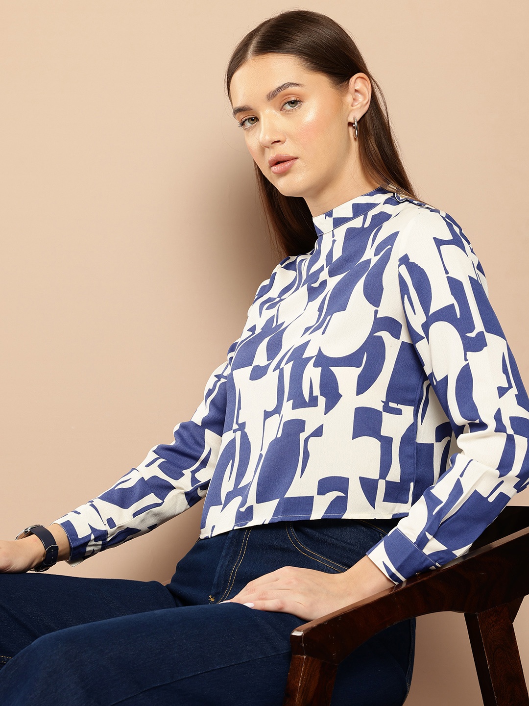 

Chemistry Printed Mandarin Collar Top, Blue