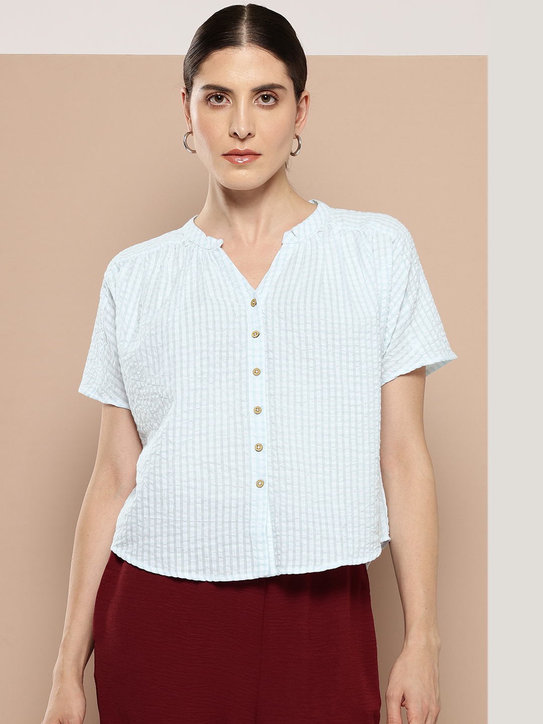 

Chemistry Checked Seersucker Cotton Shirt Style Top, White