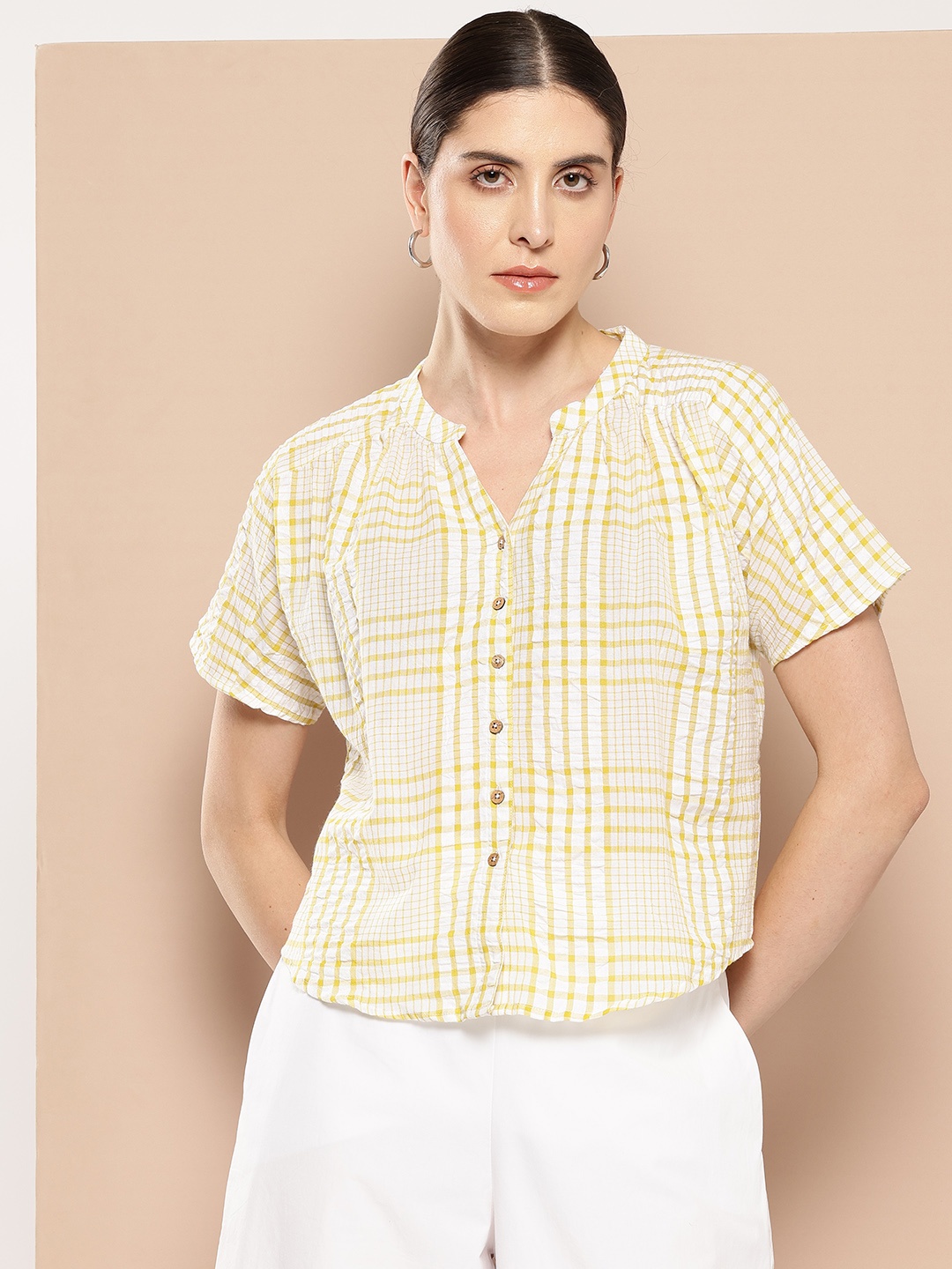 

Chemistry Checked Seersucker Cotton Shirt Style Top, White