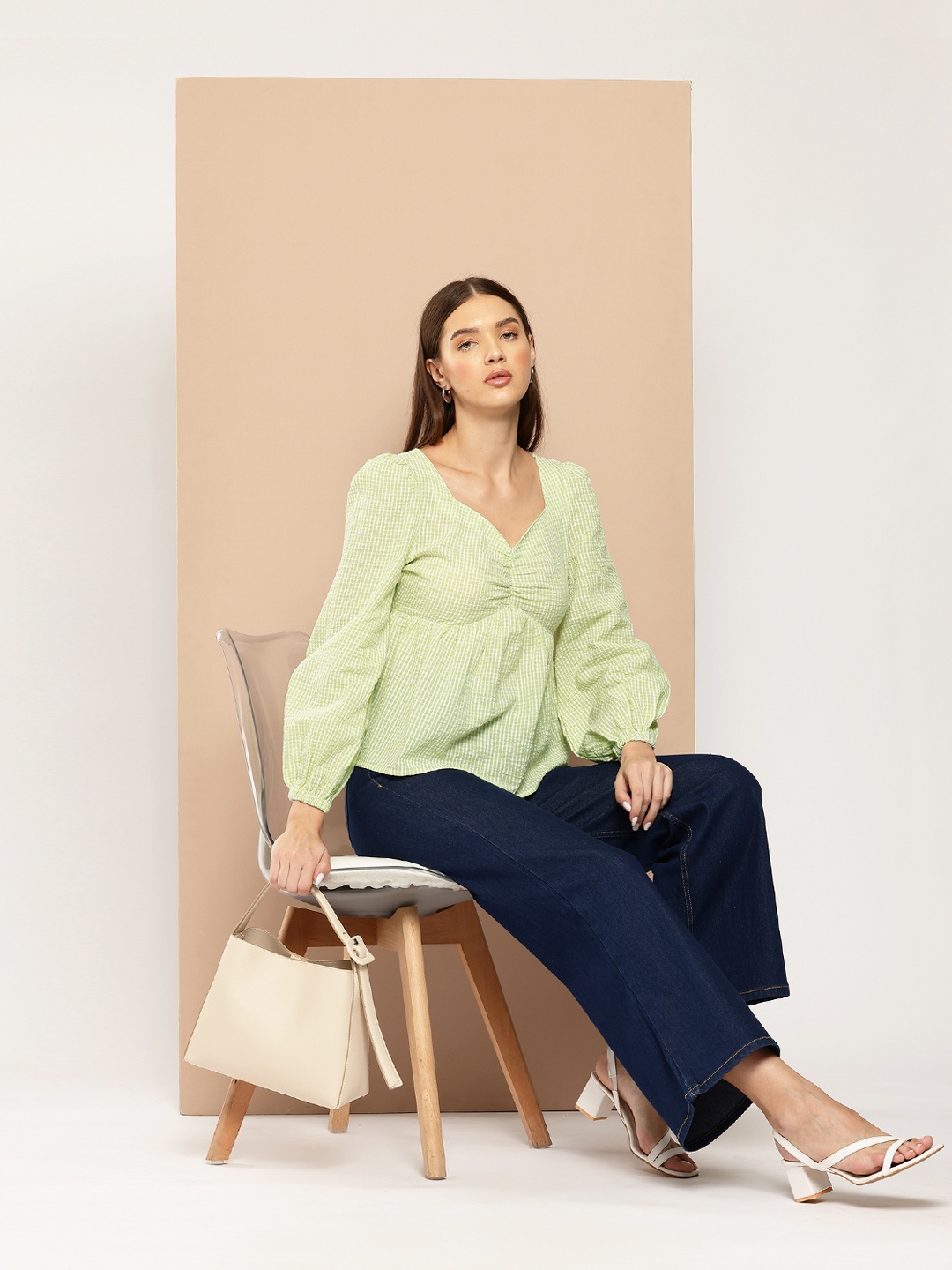 

Chemistry Checked Pure Cotton Empire Top, Lime green