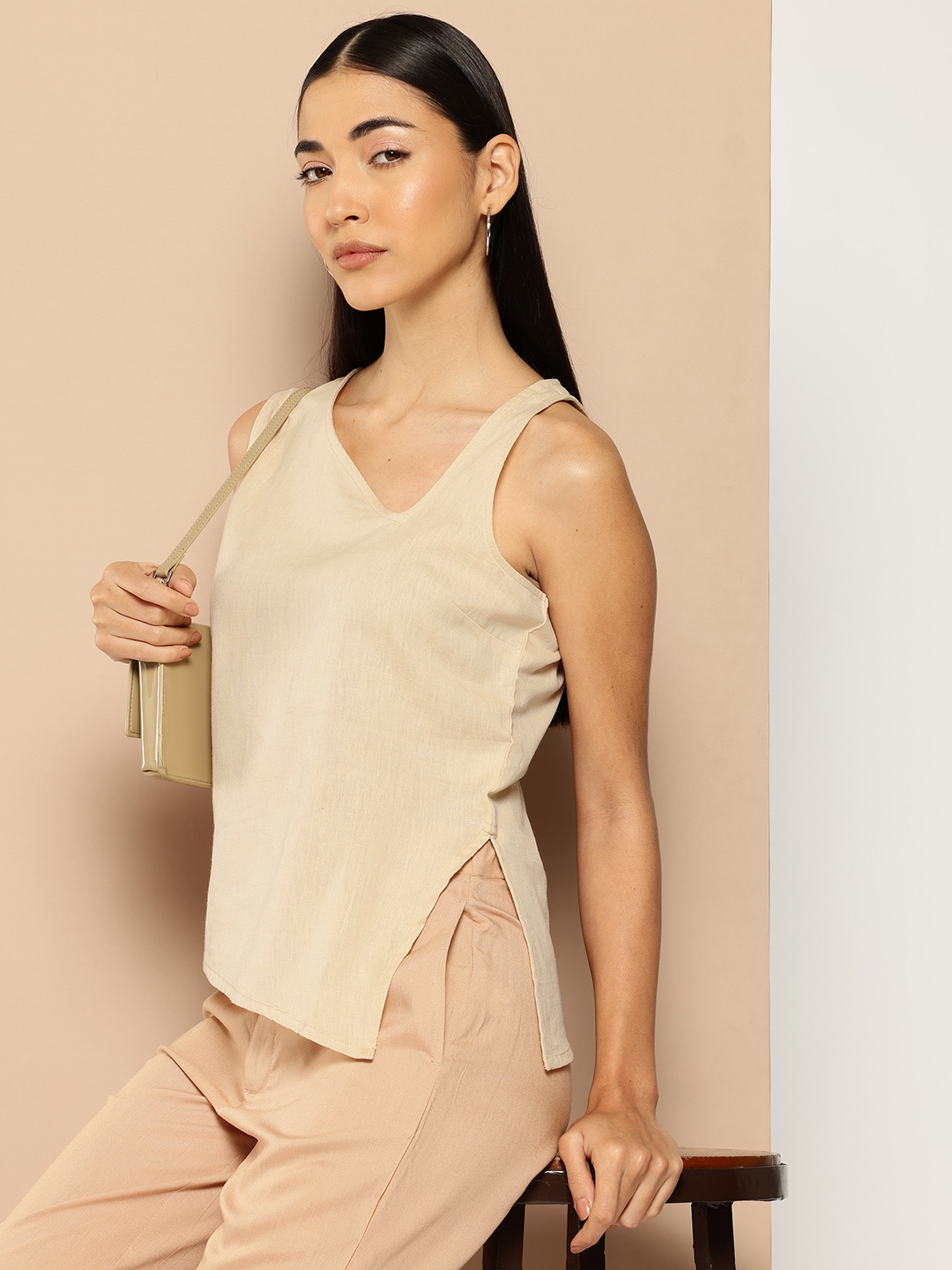 

Chemistry Asmmetric Neck Regular Top, Beige