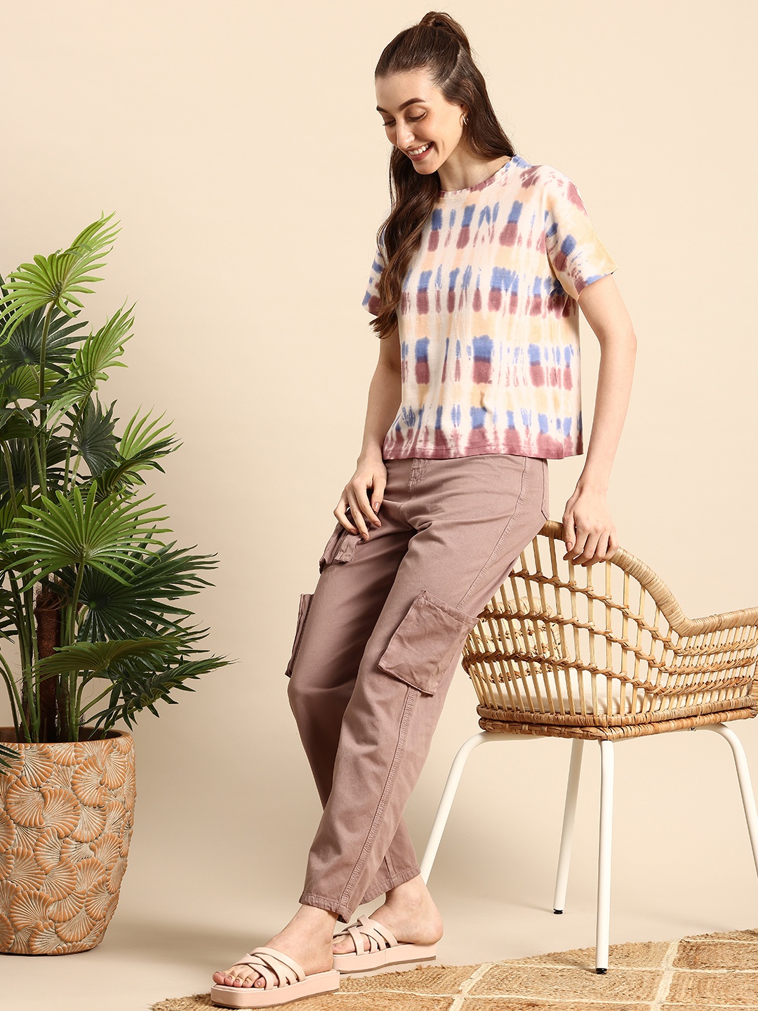 

Mast & Harbour Pure Cotton Tie and Dye Drop-Shoulder Sleeves T-shirt, Multi