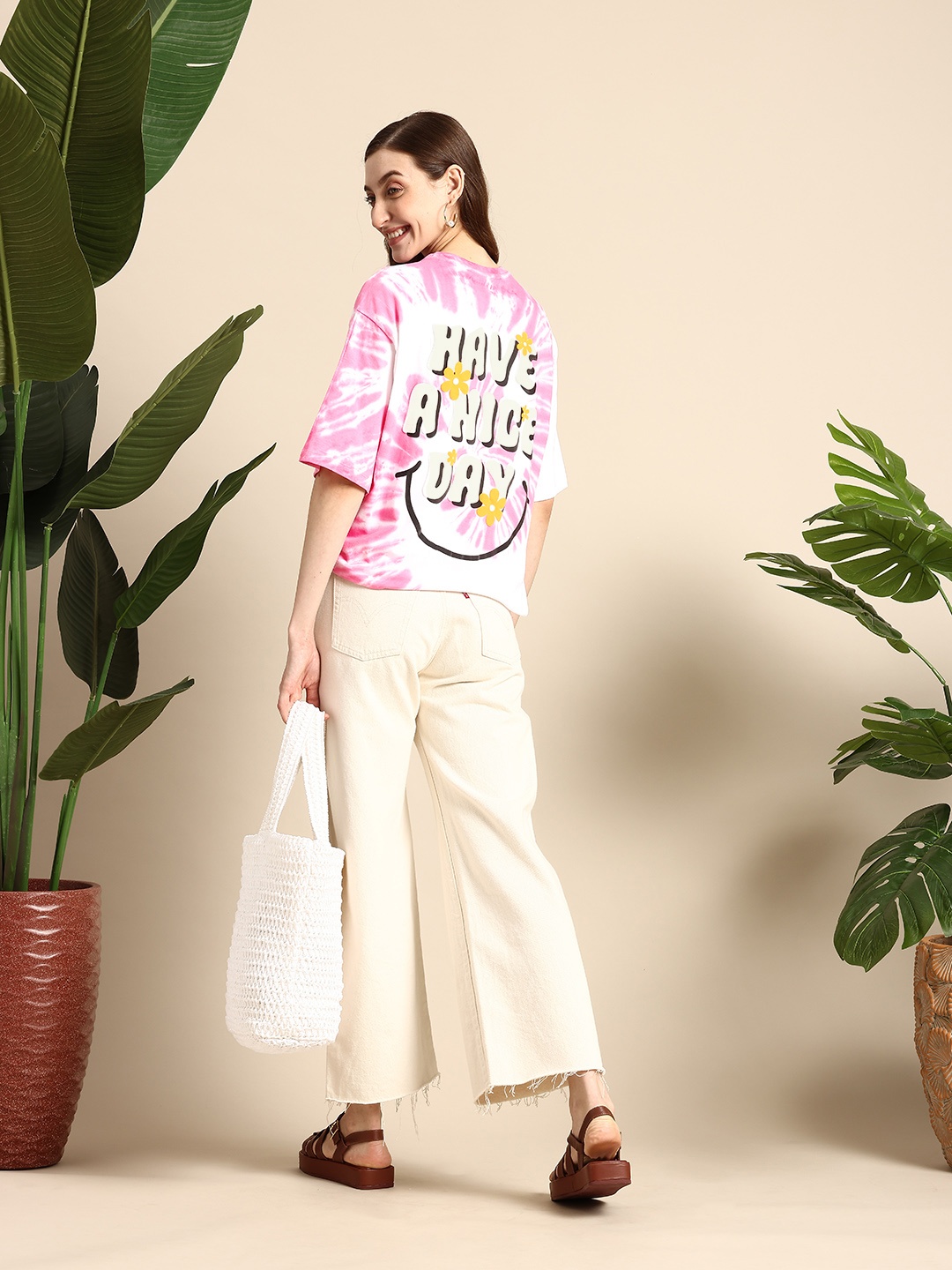 

Mast & Harbour Printed Drop-Shoulder Sleeves Pure Cotton T-shirt, White