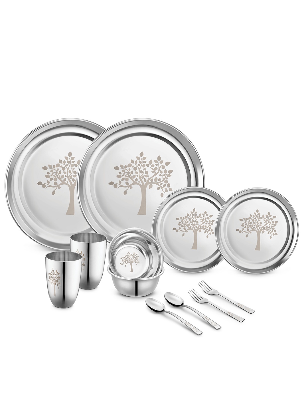 

Classic Essentials Pack of 12 Stainless Steel Vriksha Lazer Design High Grade Dinner Set, Silver