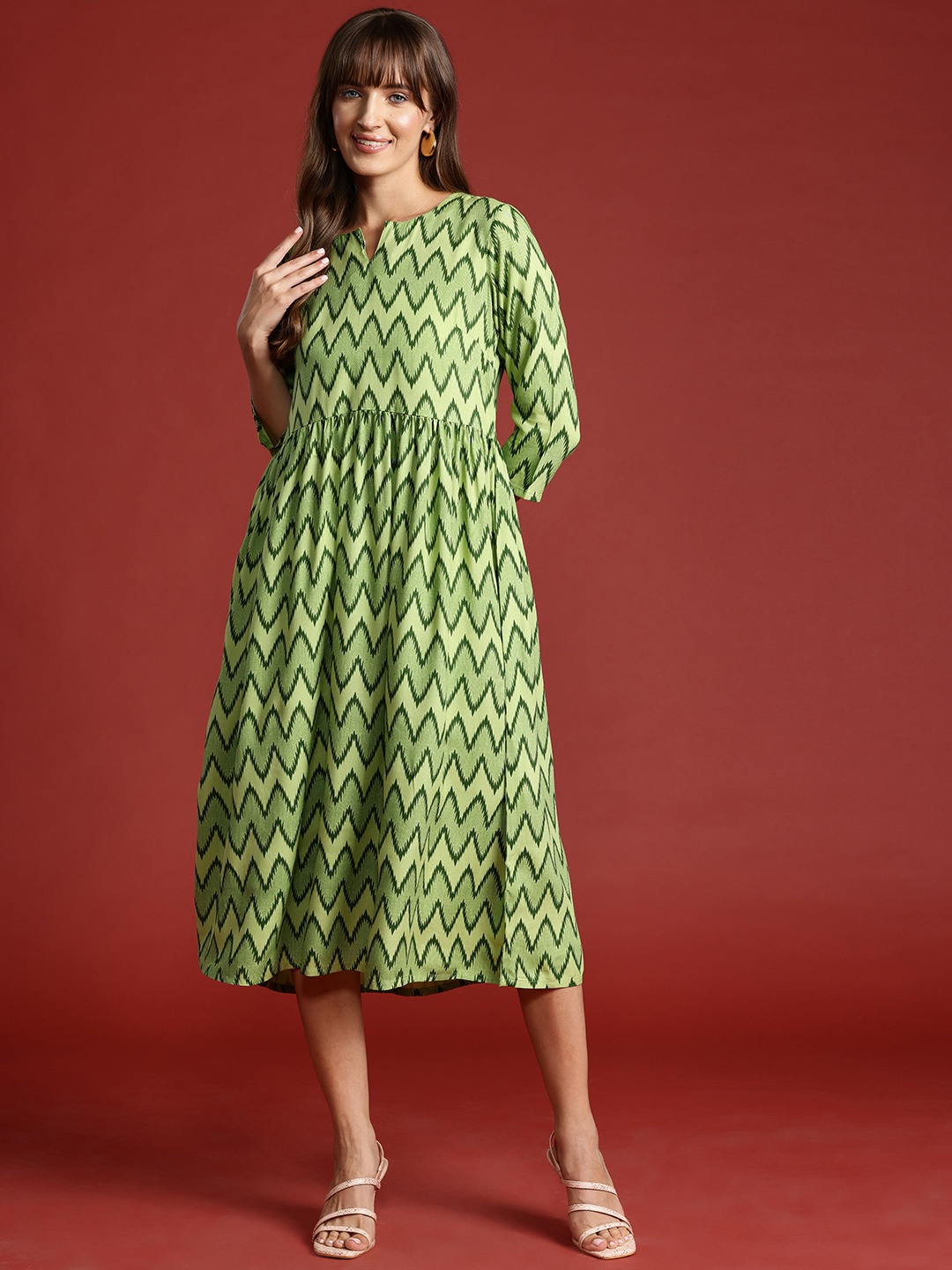 

Anouk Chevron Print A-Line Ethnic Dress, Green