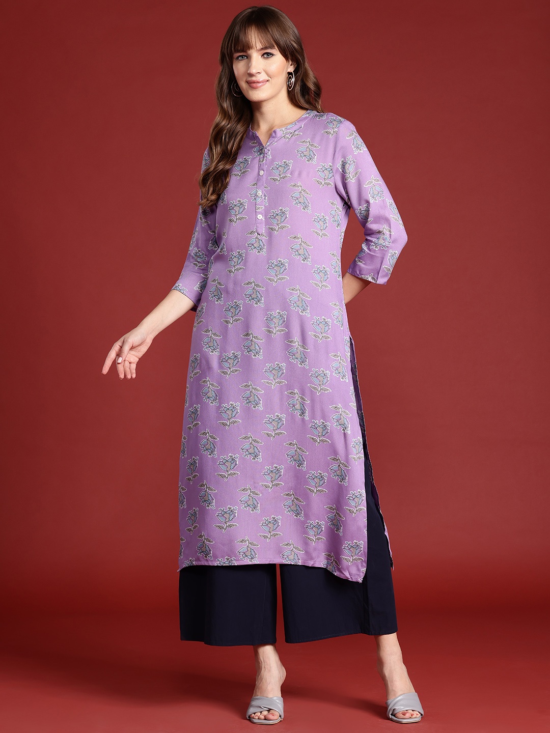 

Anouk Floral Printed Straight Kurta, Lavender