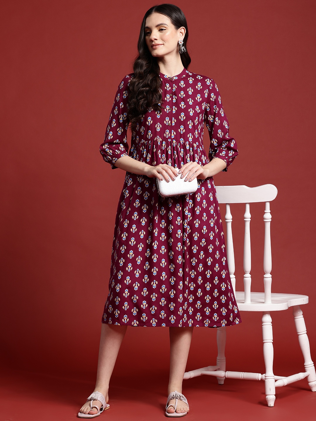 

Anouk Ikat Print Ethnic A-Line Dress, Maroon