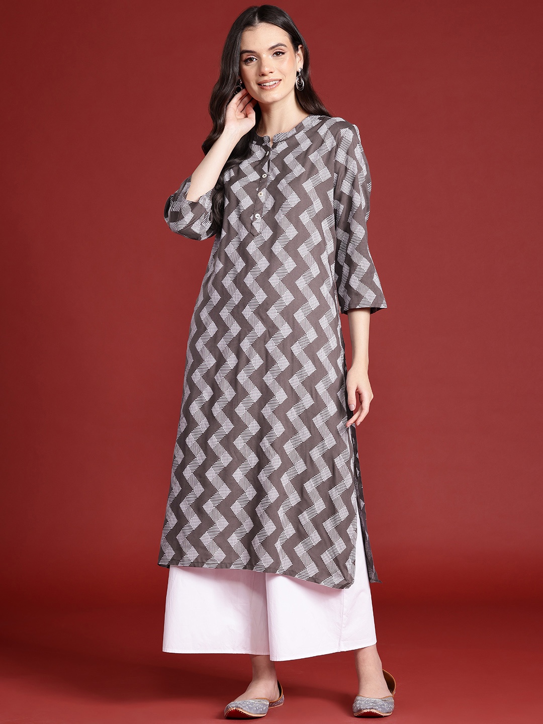 

Anouk Chevron Printed Straight Kurta, Brown