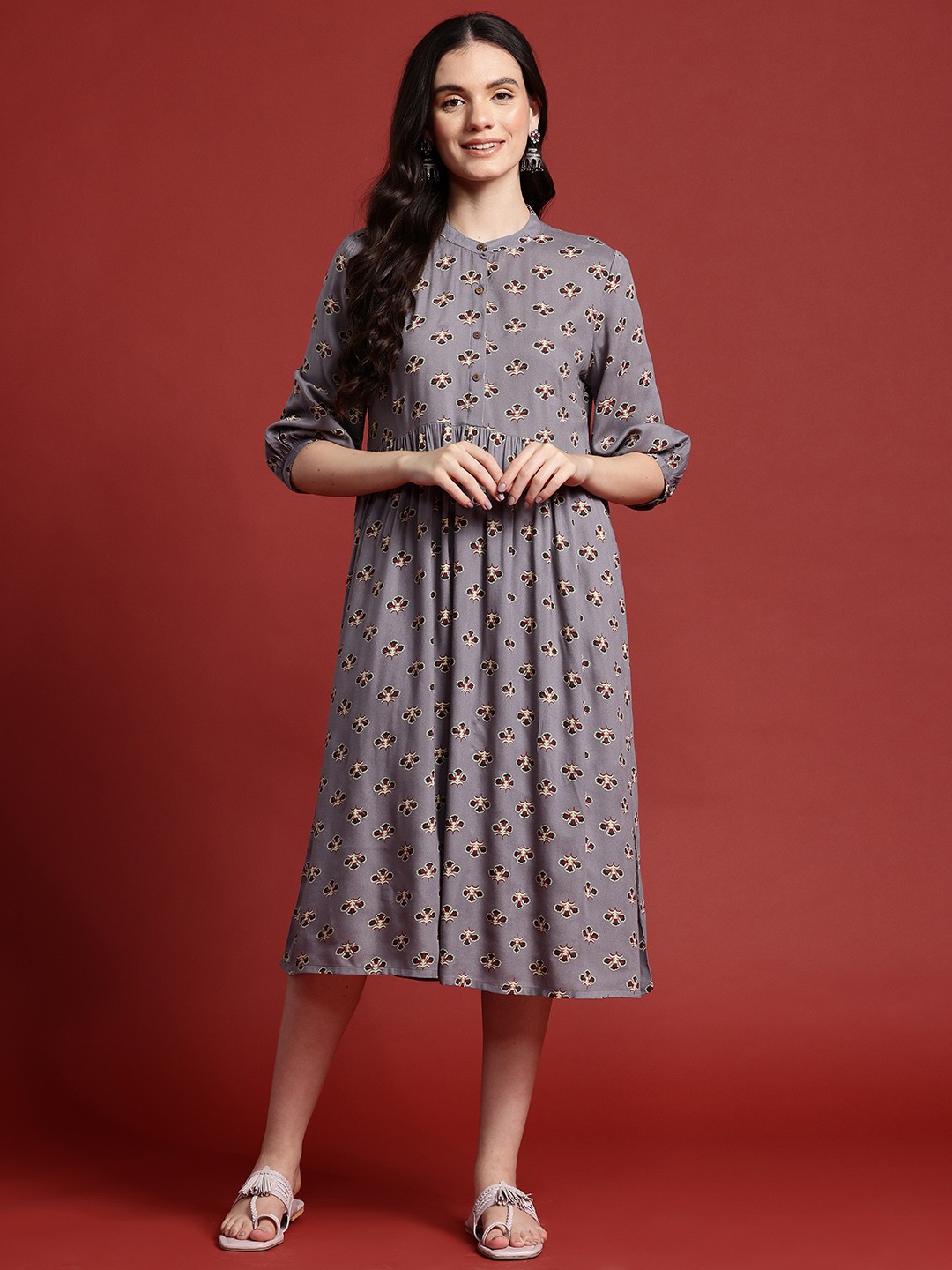 

Anouk Indie Floral Print Ethnic A-Line Dress, Grey